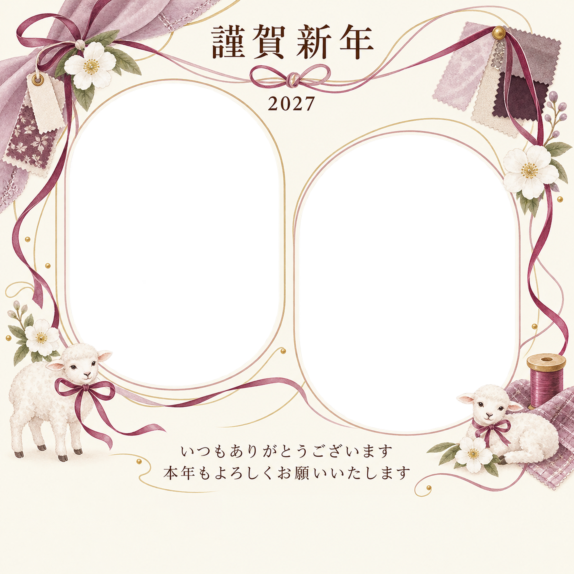 祝う結び目・細いリボンの写真年賀状｜お店・スタッフの無料イラスト素材 99576に写真・文字を入れる