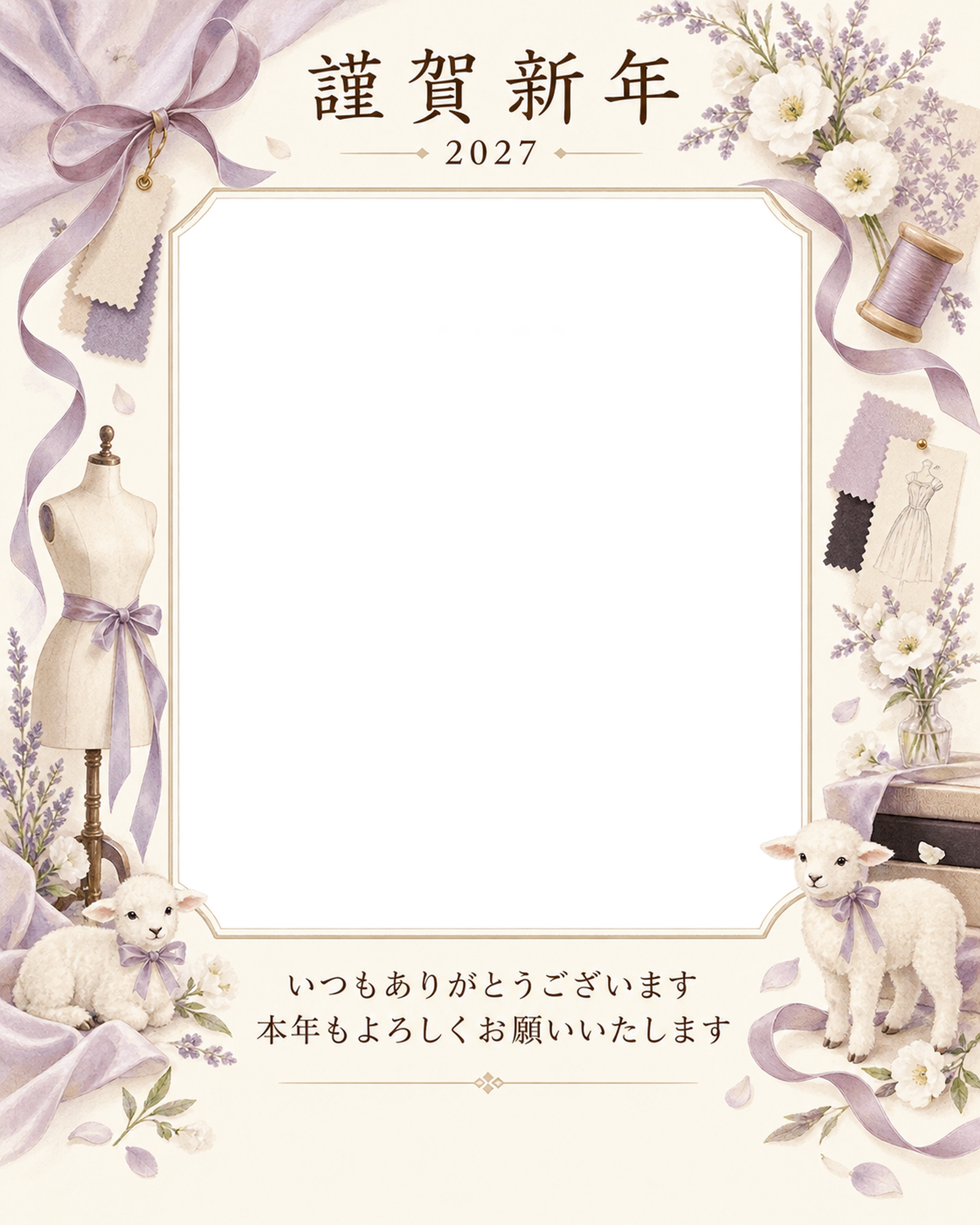光のご挨拶・細いリボンの写真年賀状｜お店・スタッフの無料イラスト素材 99578に写真・文字を入れる