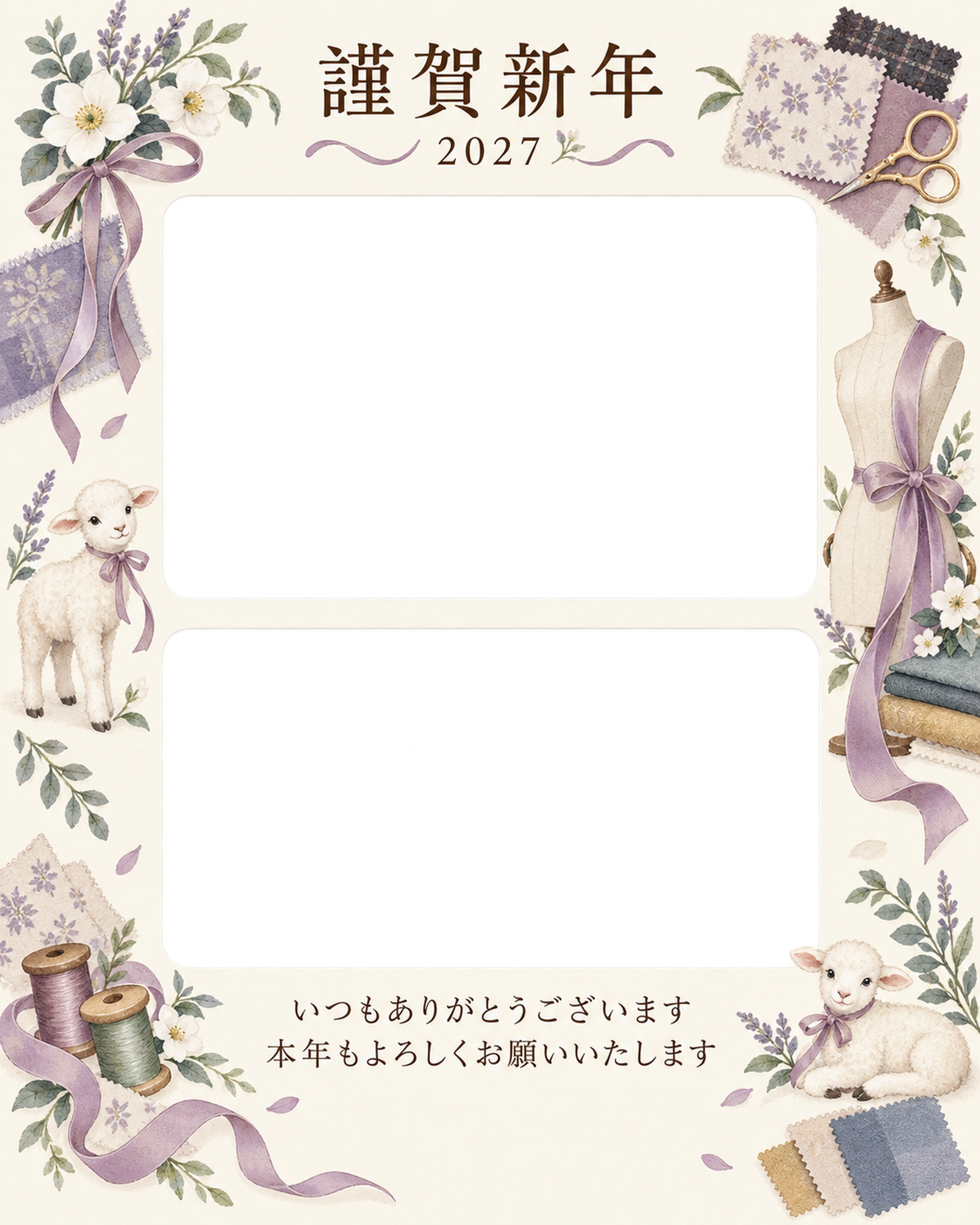 季節をつなぐ・細いリボンの写真年賀状｜お店・スタッフの無料イラスト素材 99579に写真・文字を入れる