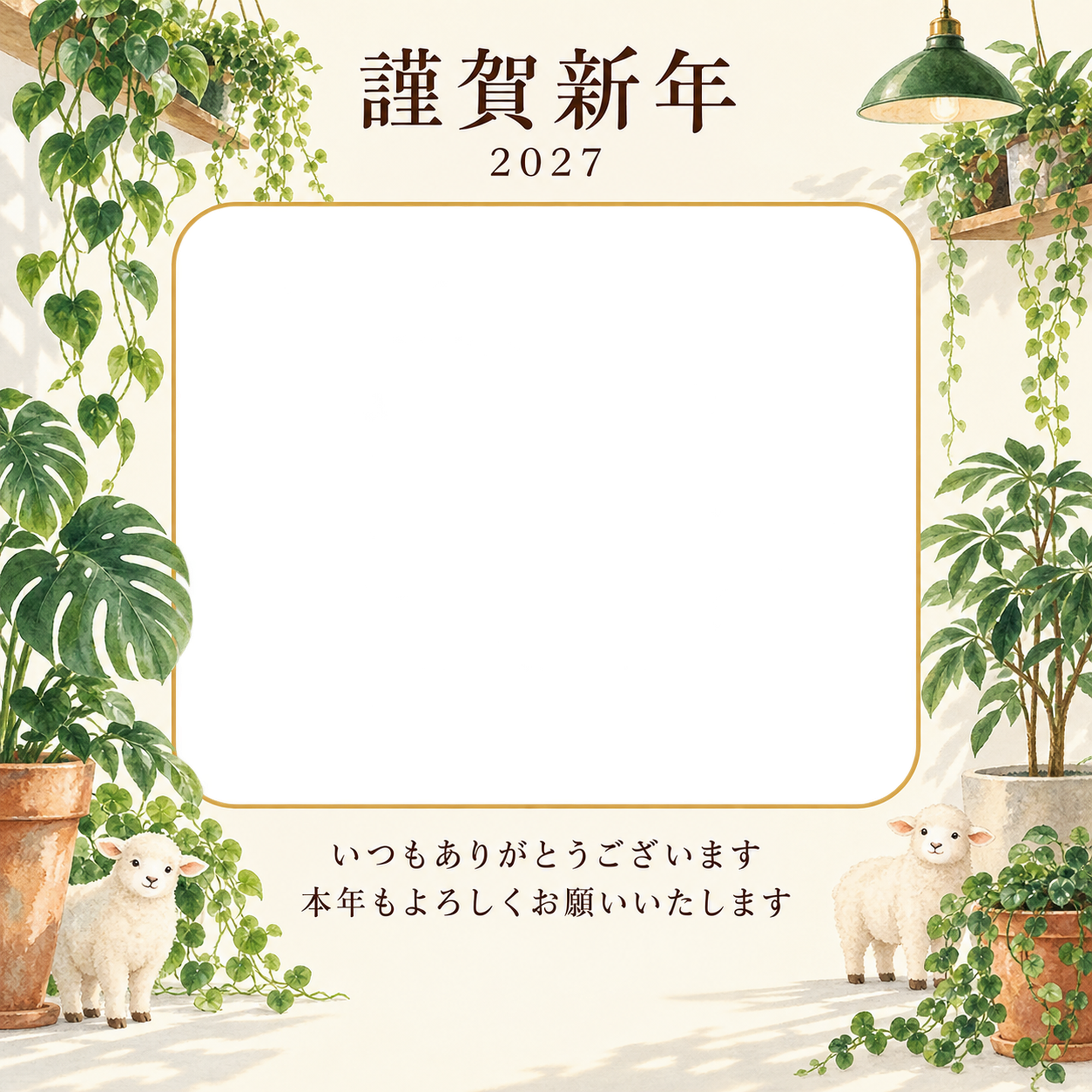 余白を生かす和・観葉植物の写真年賀状｜お店・スタッフの無料イラスト素材 99582に写真・文字を入れる