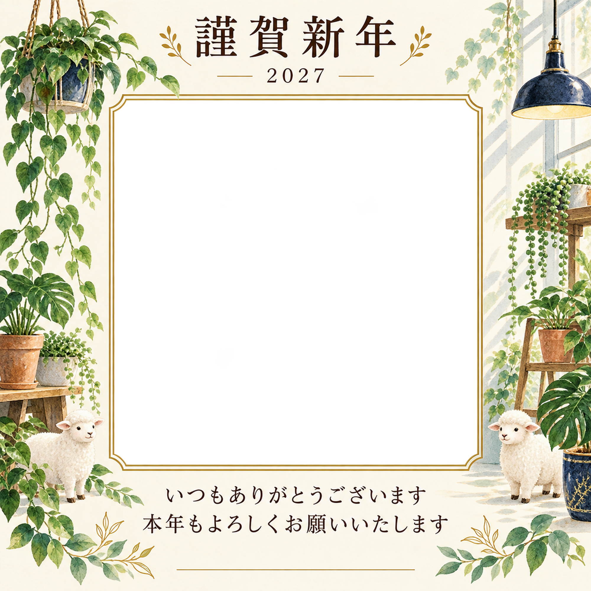 紺色の晴れやかさ・観葉植物の写真年賀状｜お店・スタッフの無料イラスト素材 99583に写真・文字を入れる