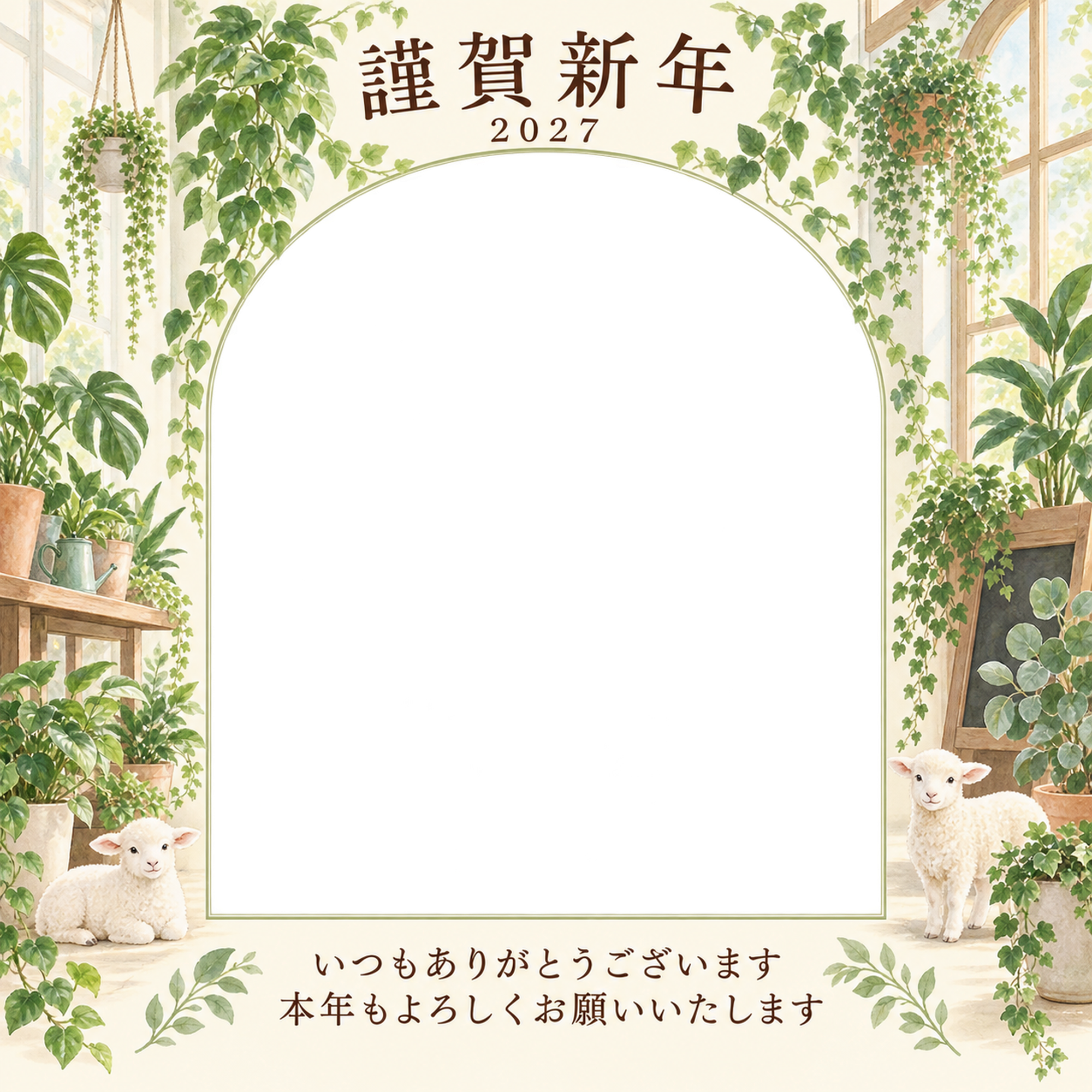 若葉の窓辺・観葉植物の写真年賀状｜お店・スタッフの無料イラスト素材 99584に写真・文字を入れる