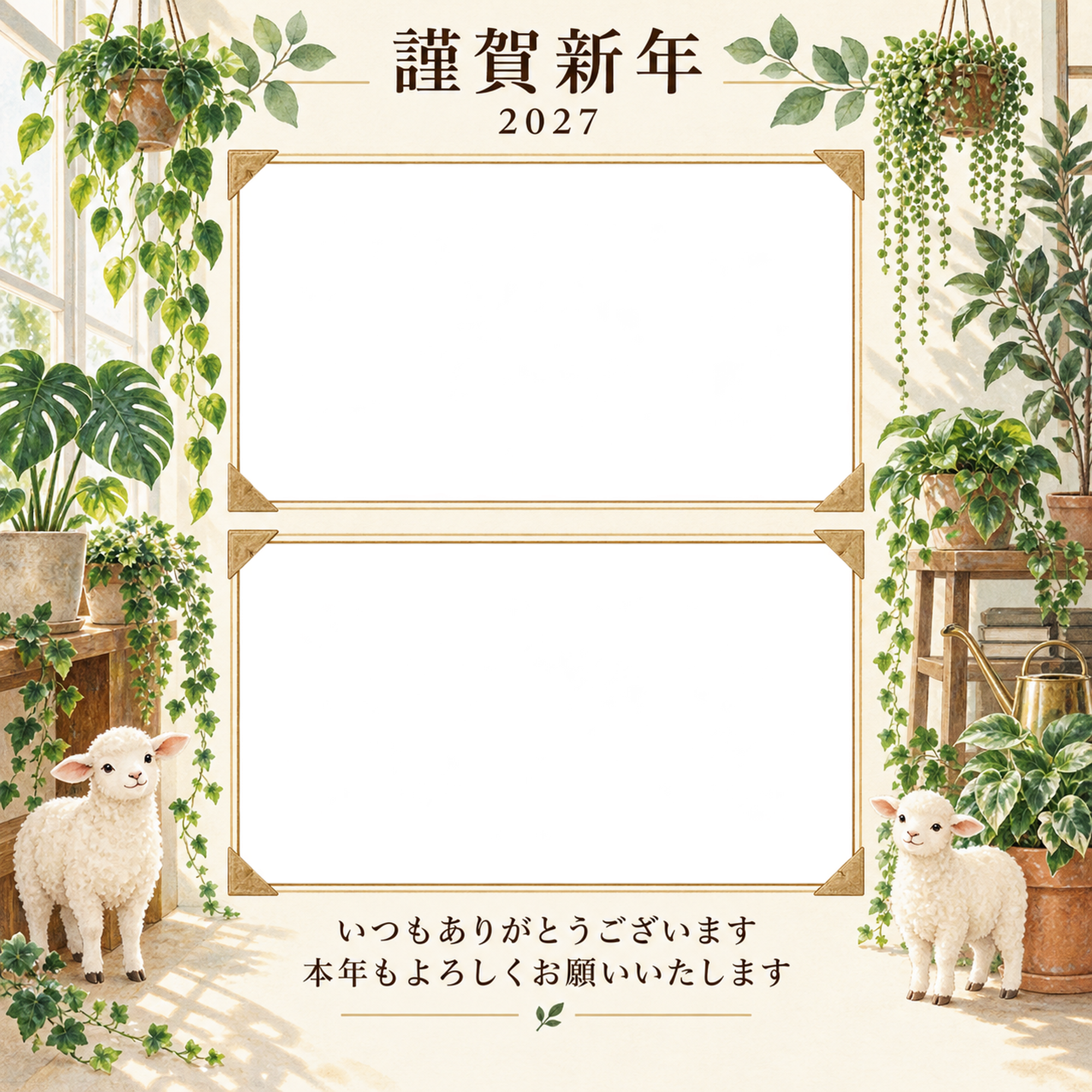 アルバムの一頁・観葉植物の写真年賀状｜お店・スタッフの無料イラスト素材 99586に写真・文字を入れる
