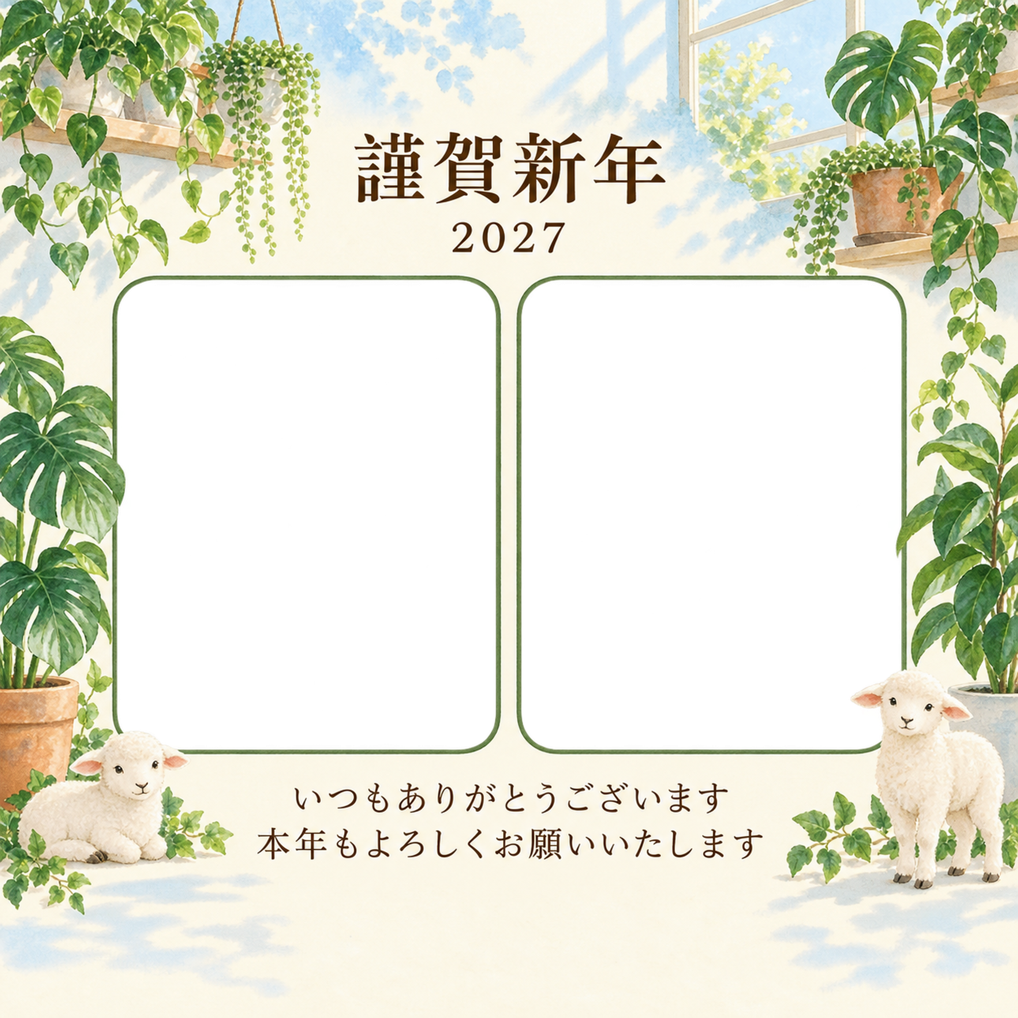 水色の朝・観葉植物の写真年賀状｜お店・スタッフの無料イラスト素材 99587に写真・文字を入れる