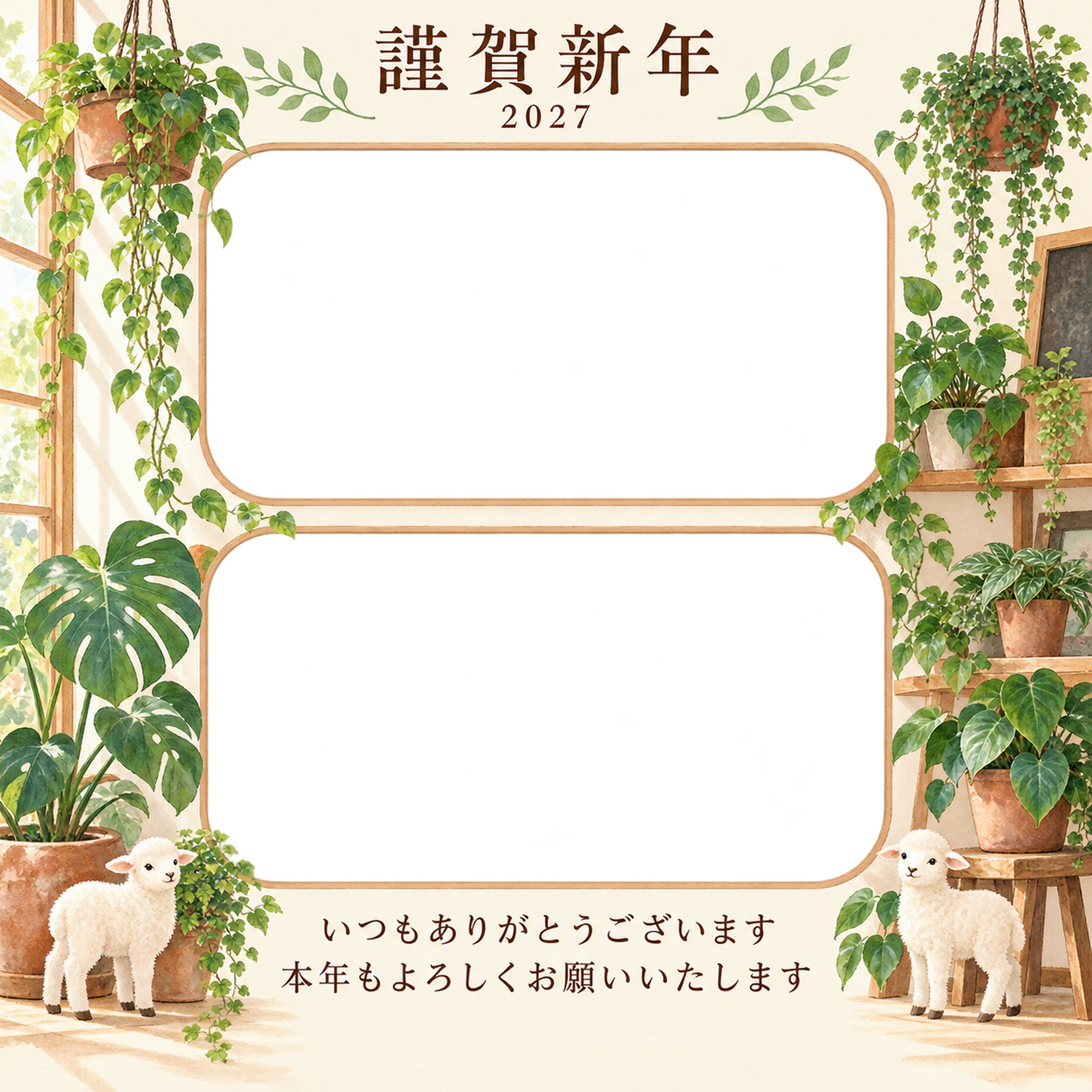 木のぬくもり・観葉植物の写真年賀状｜お店・スタッフの無料イラスト素材 99588に写真・文字を入れる