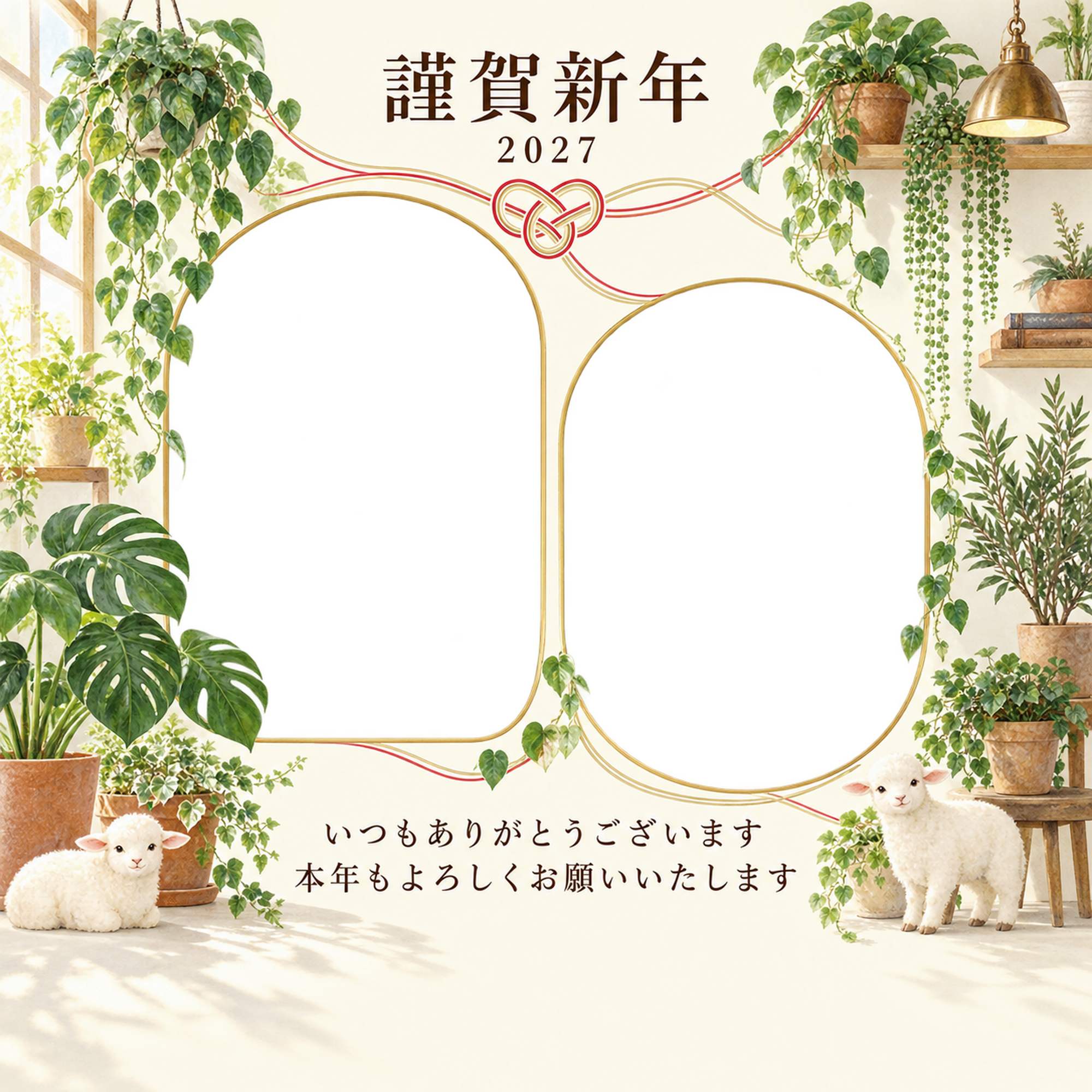 祝う結び目・観葉植物の写真年賀状｜お店・スタッフの無料イラスト素材 99589に写真・文字を入れる