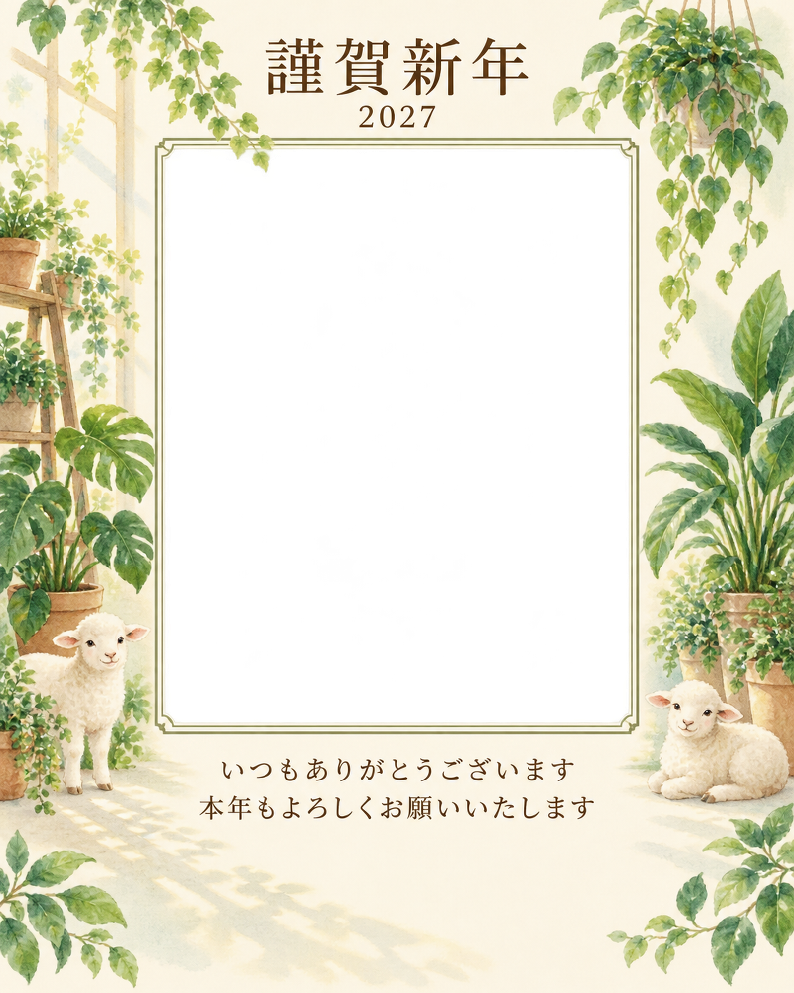 光のご挨拶・観葉植物の写真年賀状｜お店・スタッフの無料イラスト素材 99591に写真・文字を入れる