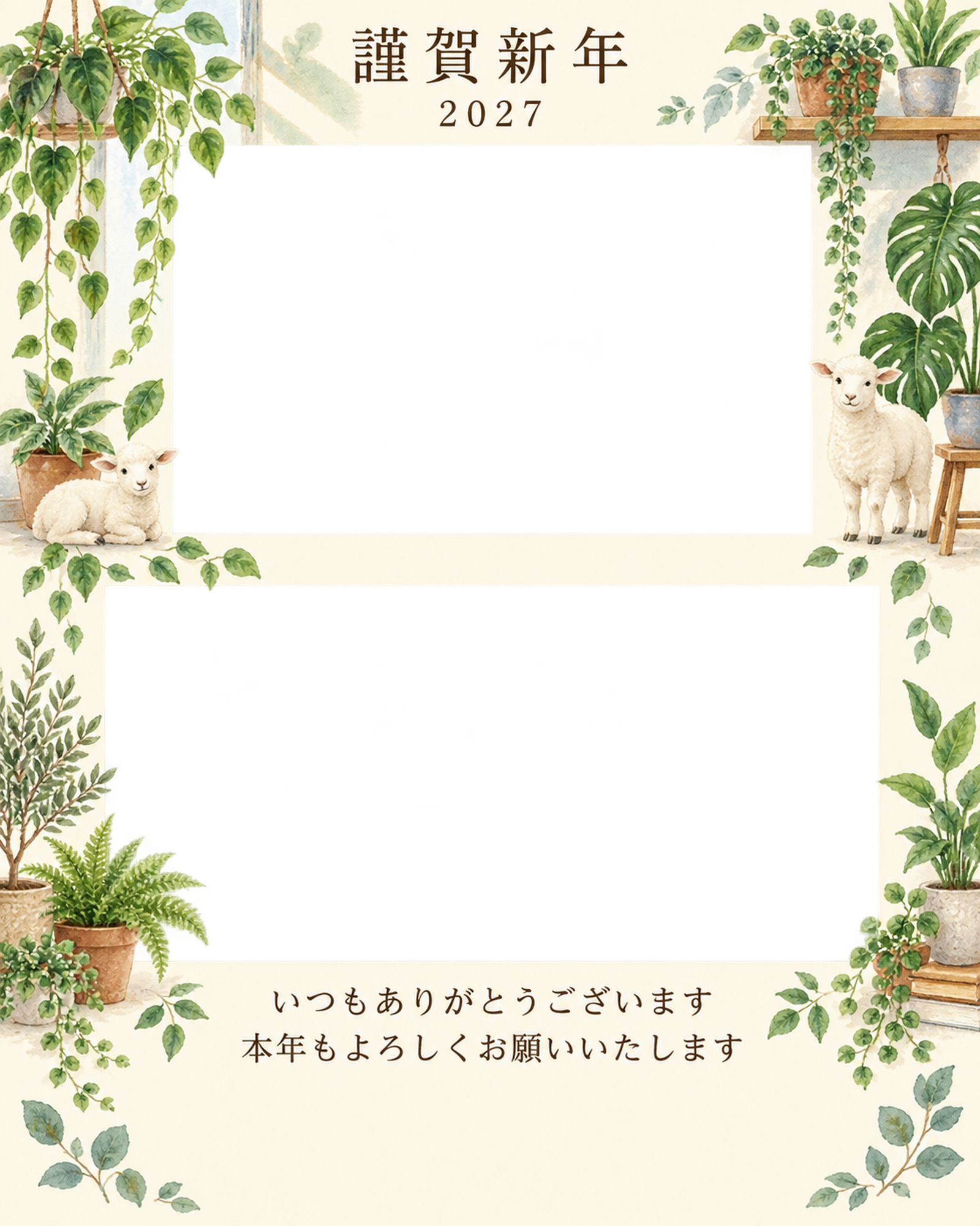 季節をつなぐ・観葉植物の写真年賀状｜お店・スタッフの無料イラスト素材 99592に写真・文字を入れる