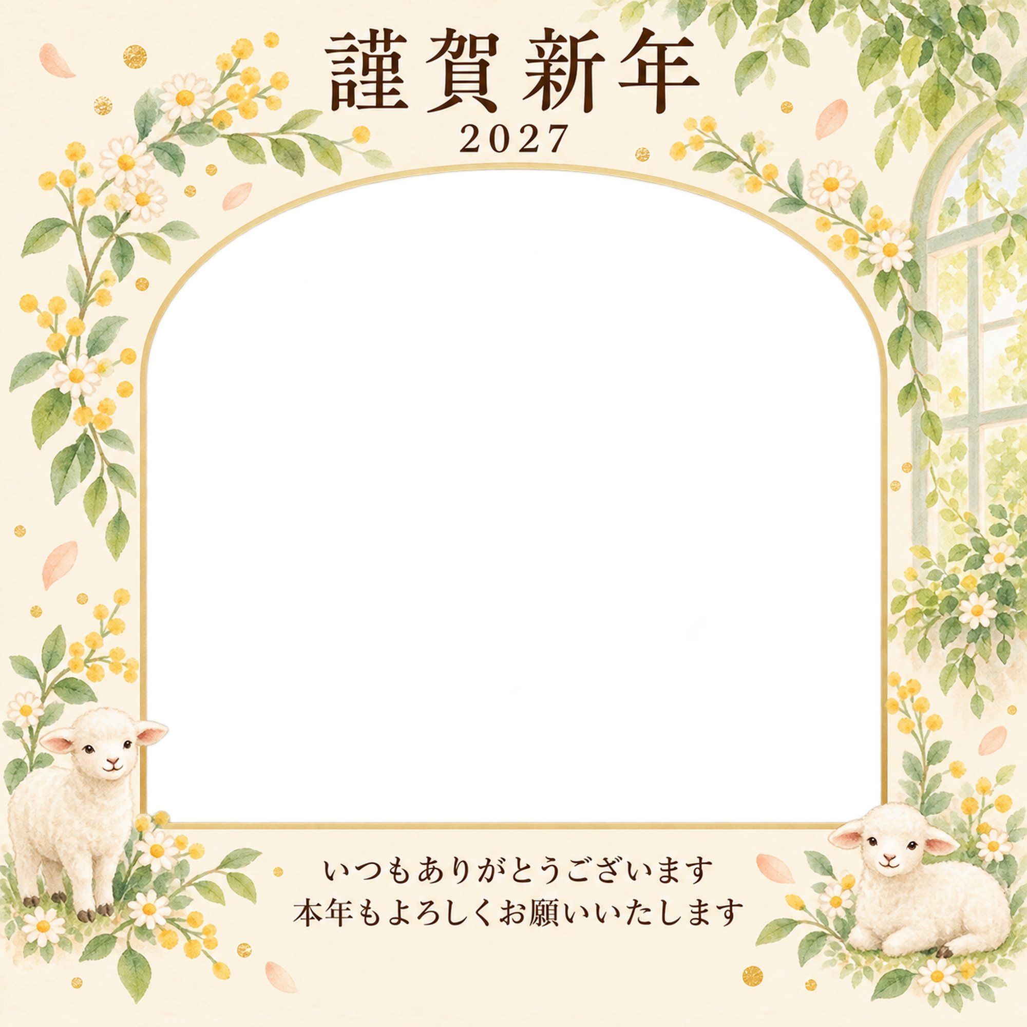 若葉の窓辺・丸い小花の写真年賀状｜お店・スタッフの無料イラスト素材 99597に写真・文字を入れる