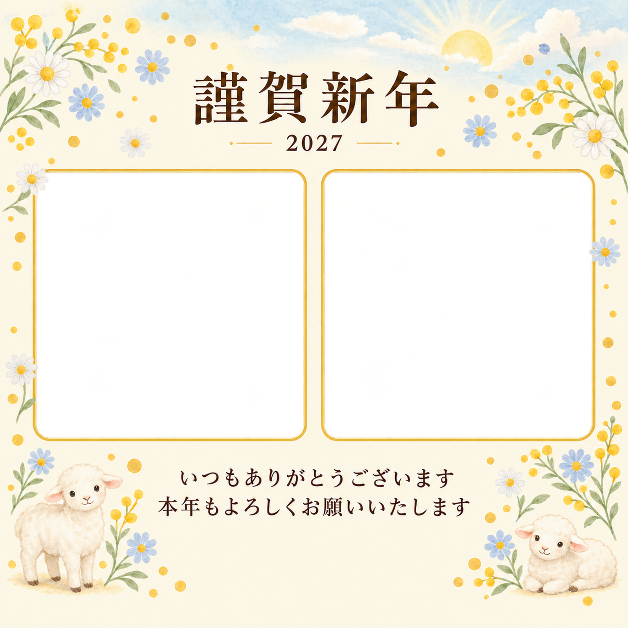 水色の朝・丸い小花の写真年賀状｜お店・スタッフの無料イラスト素材 99600に写真・文字を入れる