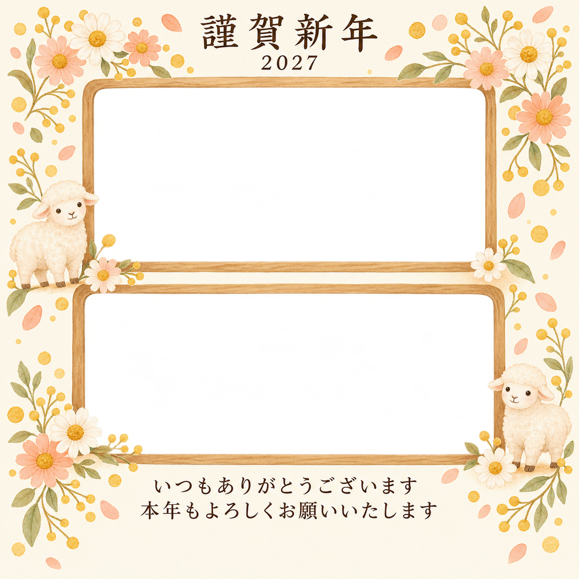 木のぬくもり・丸い小花の写真年賀状｜お店・スタッフの無料イラスト素材 99601に写真・文字を入れる
