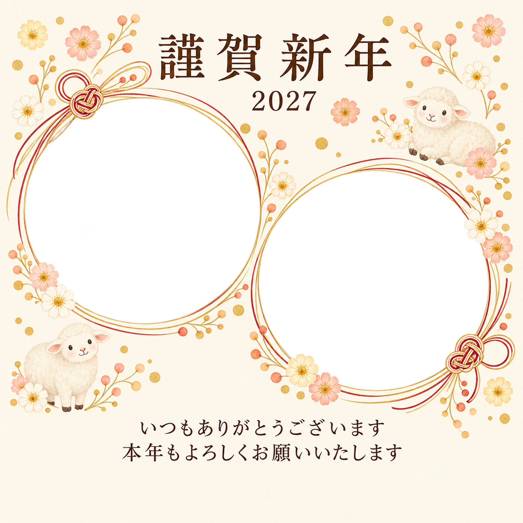祝う結び目・丸い小花の写真年賀状｜お店・スタッフの無料イラスト素材 99602に写真・文字を入れる