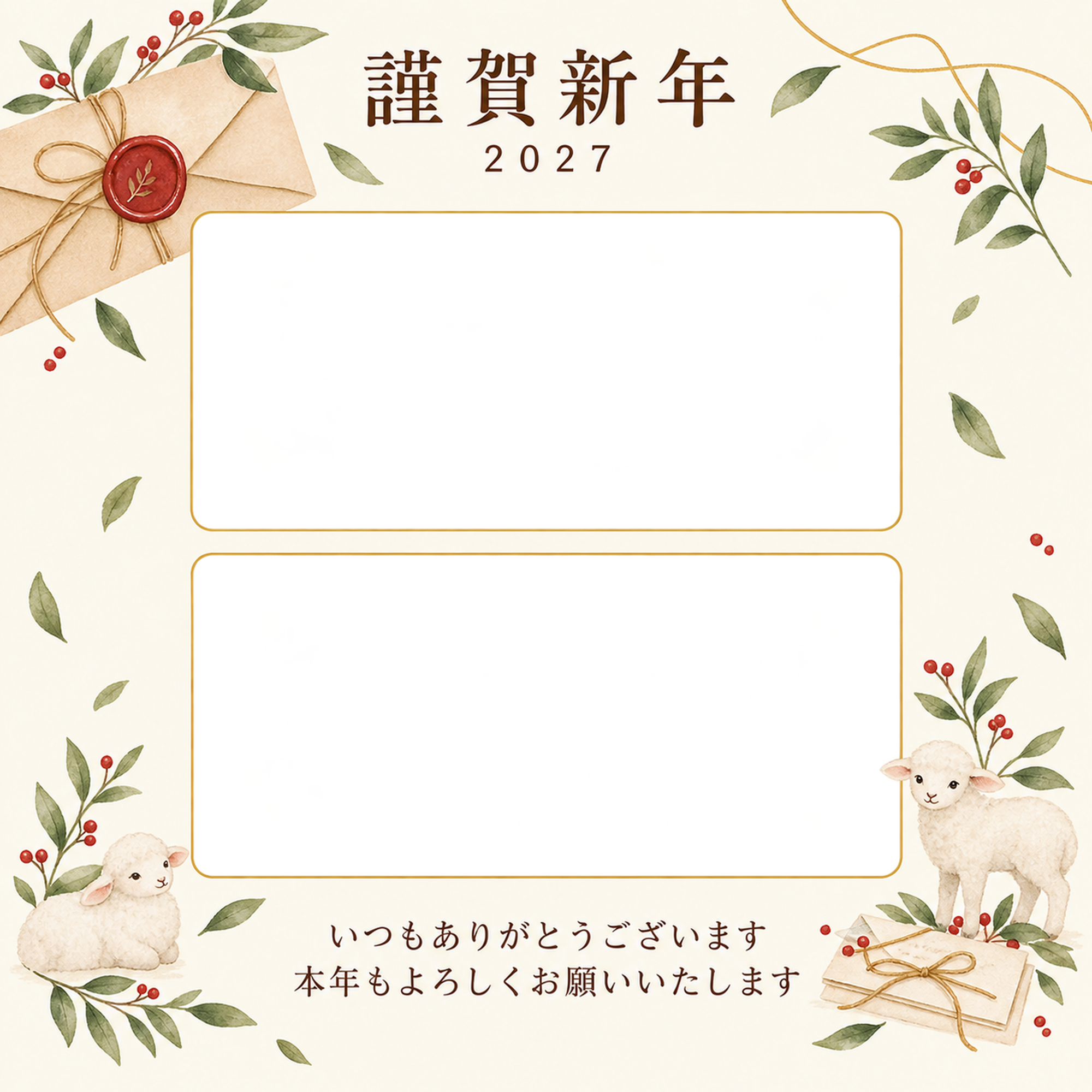 余白を生かす和・手紙の写真年賀状｜お店・スタッフの無料イラスト素材 99608に写真・文字を入れる