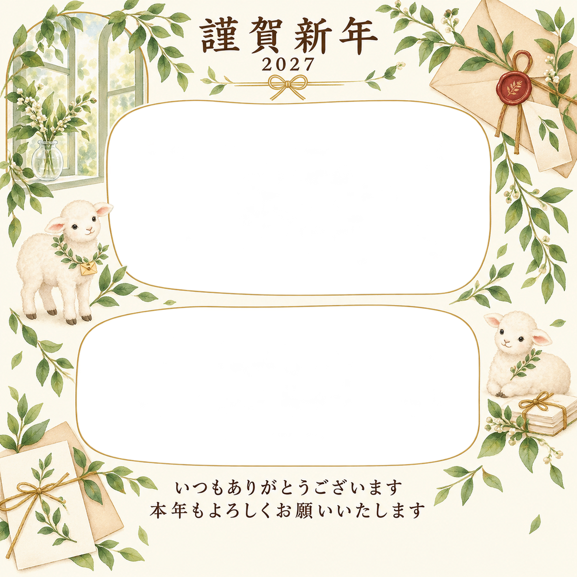 若葉の窓辺・手紙の写真年賀状｜お店・スタッフの無料イラスト素材 99610に写真・文字を入れる