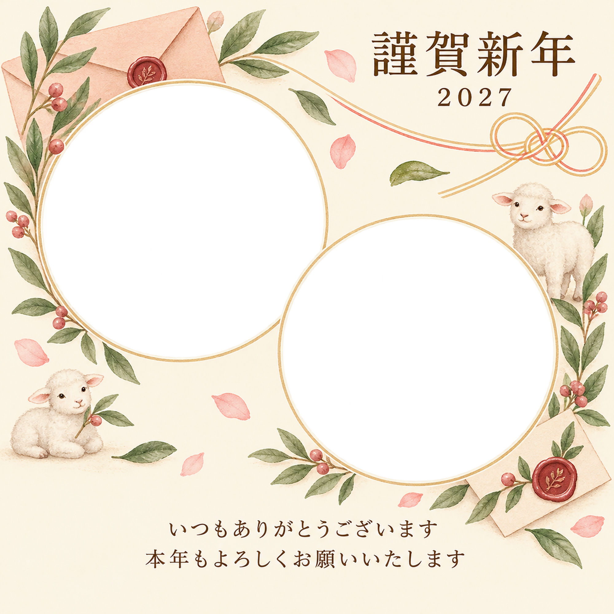 桃色のやさしさ・手紙の写真年賀状｜お店・スタッフの無料イラスト素材 99611に写真・文字を入れる