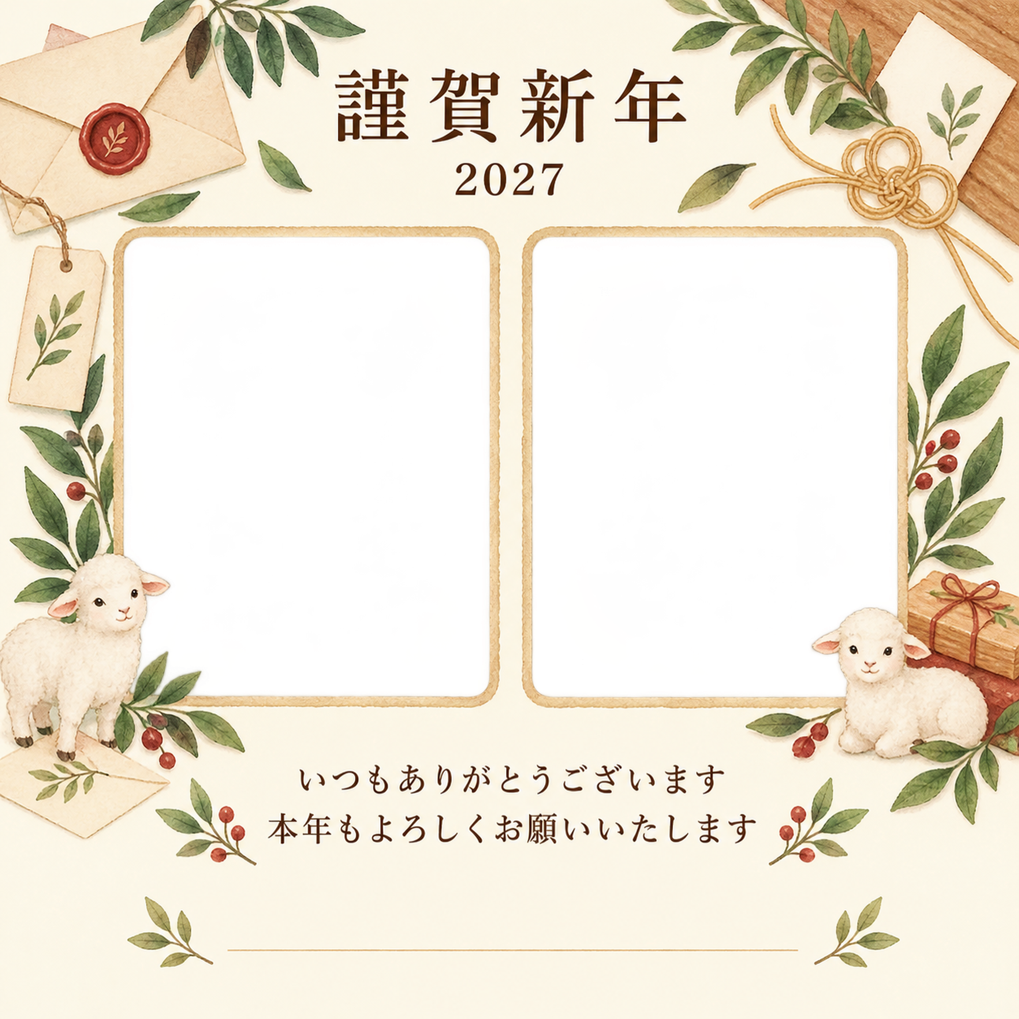 木のぬくもり・手紙の写真年賀状｜お店・スタッフの無料イラスト素材 99614に写真・文字を入れる