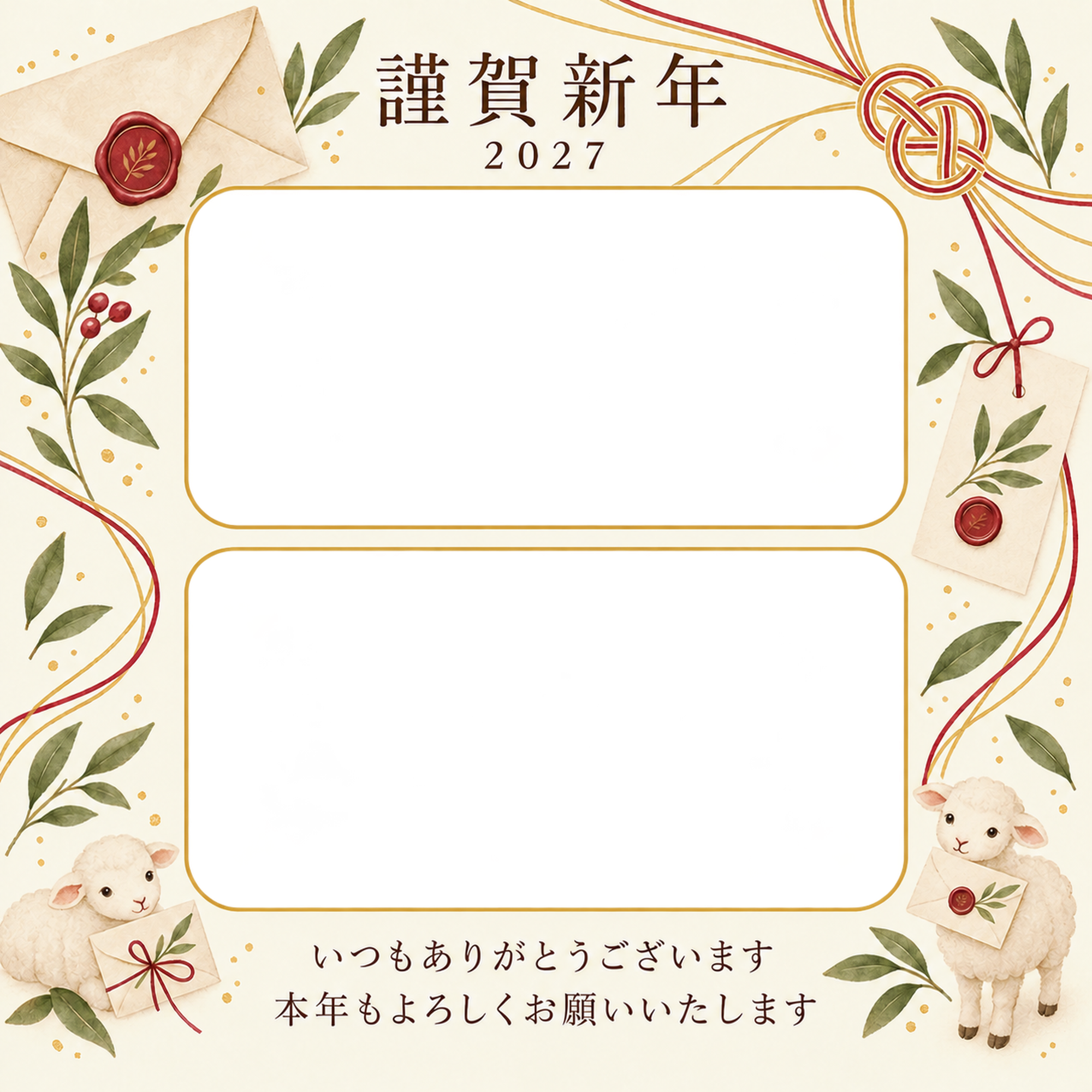 祝う結び目・手紙の写真年賀状｜お店・スタッフの無料イラスト素材 99615に写真・文字を入れる