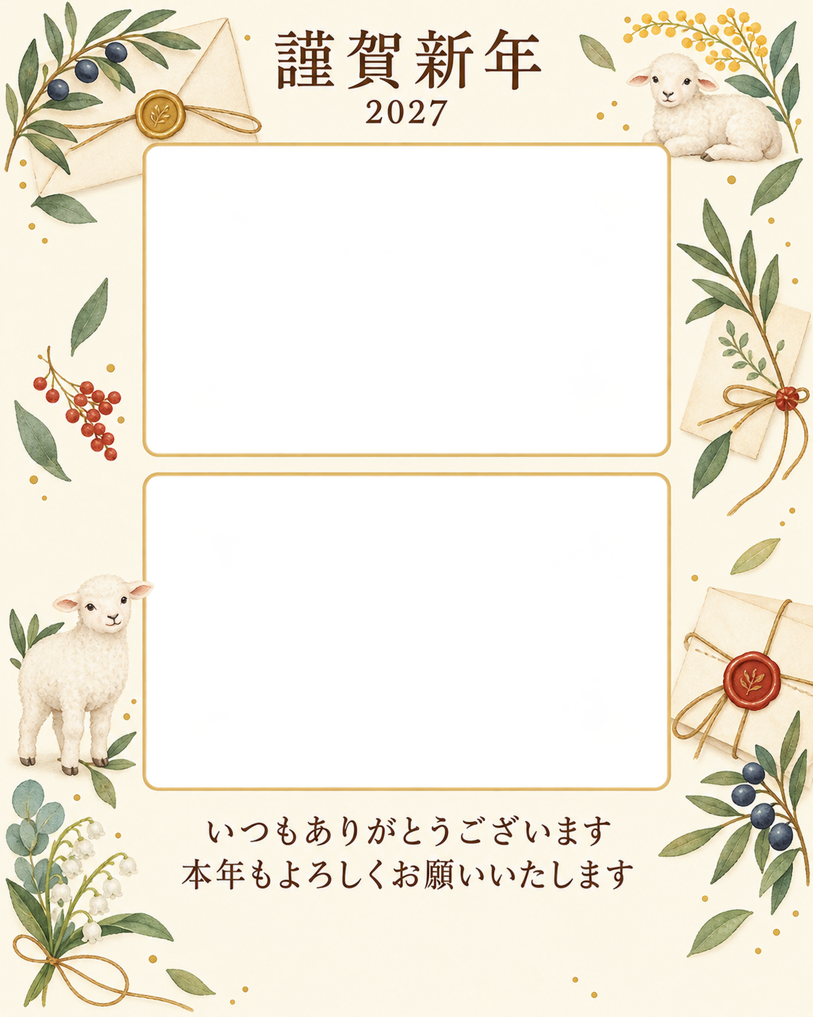 季節をつなぐ・手紙の写真年賀状｜お店・スタッフの無料イラスト素材 99618に写真・文字を入れる