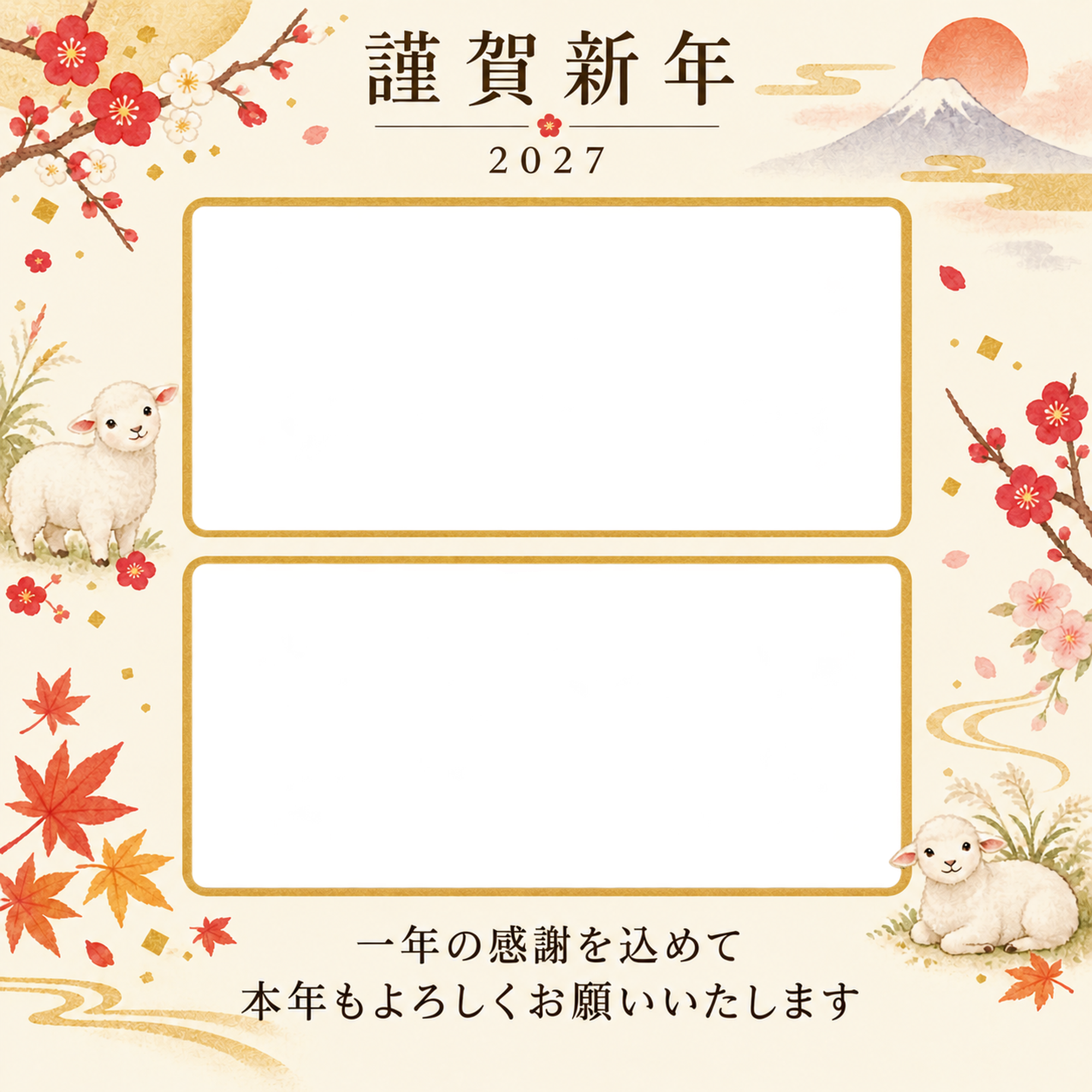 余白を生かす和・写真アルバムの写真年賀状｜仕事の一年の無料イラスト素材 99621に写真・文字を入れる
