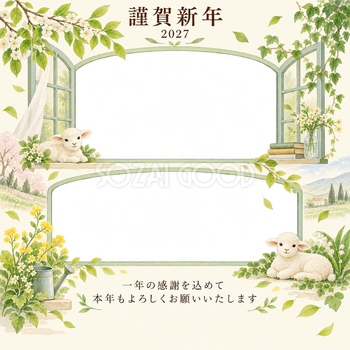 若葉の窓辺・写真アルバムの写真年賀状｜仕事の一年の無料イラスト素材 99623