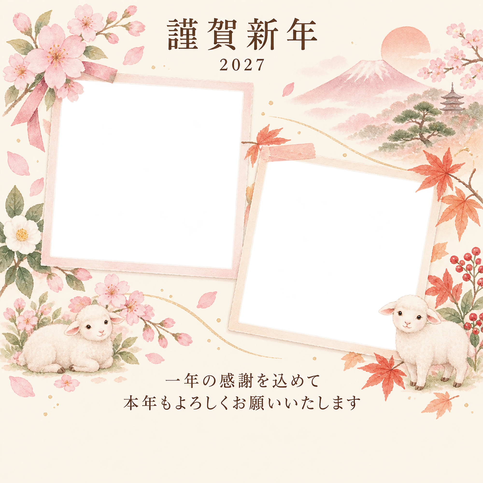 桃色のやさしさ・写真アルバムの写真年賀状｜仕事の一年の無料イラスト素材 99624に写真・文字を入れる