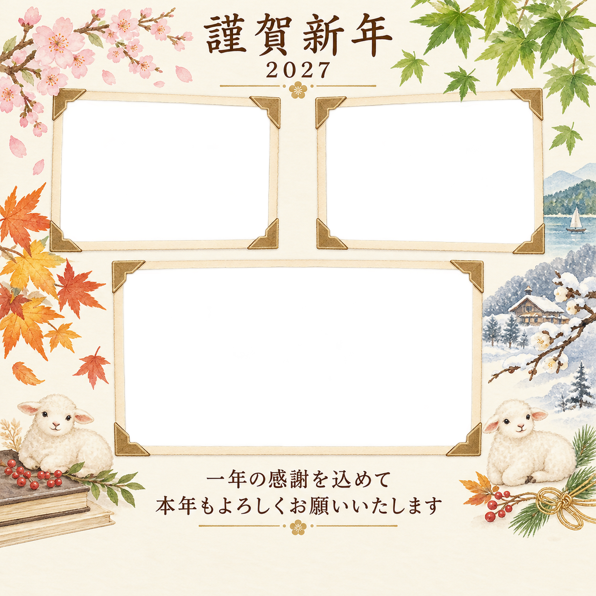アルバムの一頁・写真アルバムの写真年賀状｜仕事の一年の無料イラスト素材 99625に写真・文字を入れる