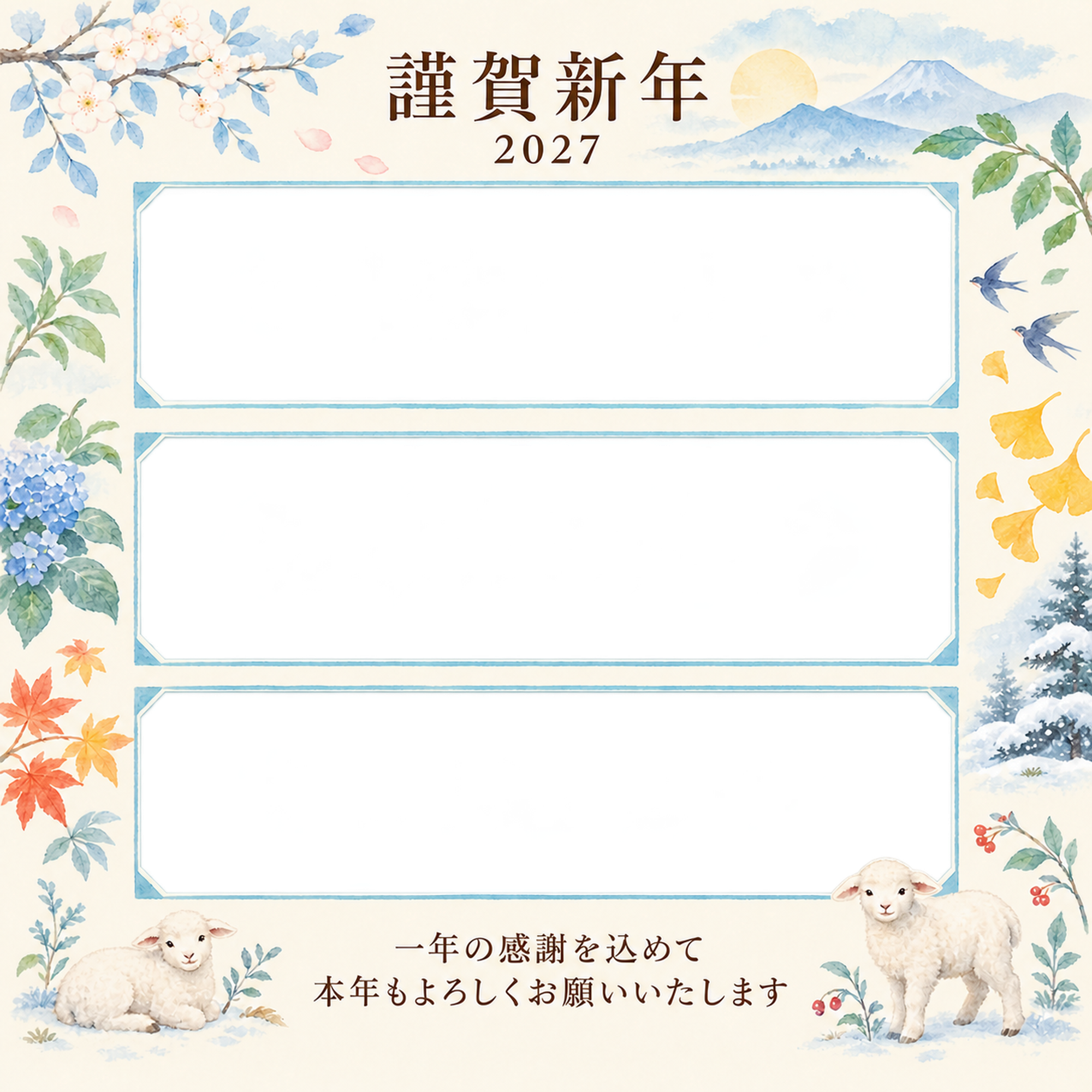 水色の朝・写真アルバムの写真年賀状｜仕事の一年の無料イラスト素材 99626に写真・文字を入れる