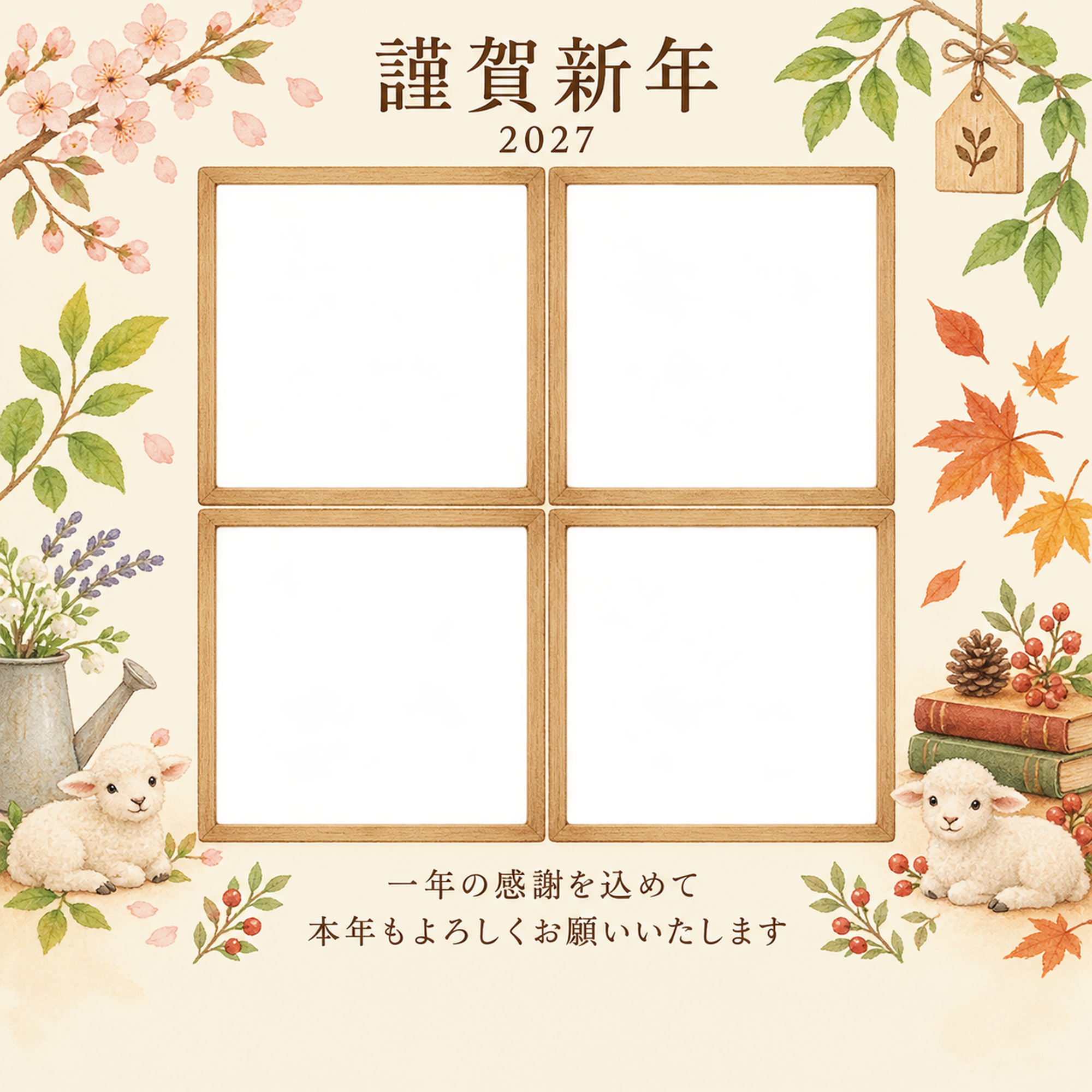 木のぬくもり・写真アルバムの写真年賀状｜仕事の一年の無料イラスト素材 99627に写真・文字を入れる