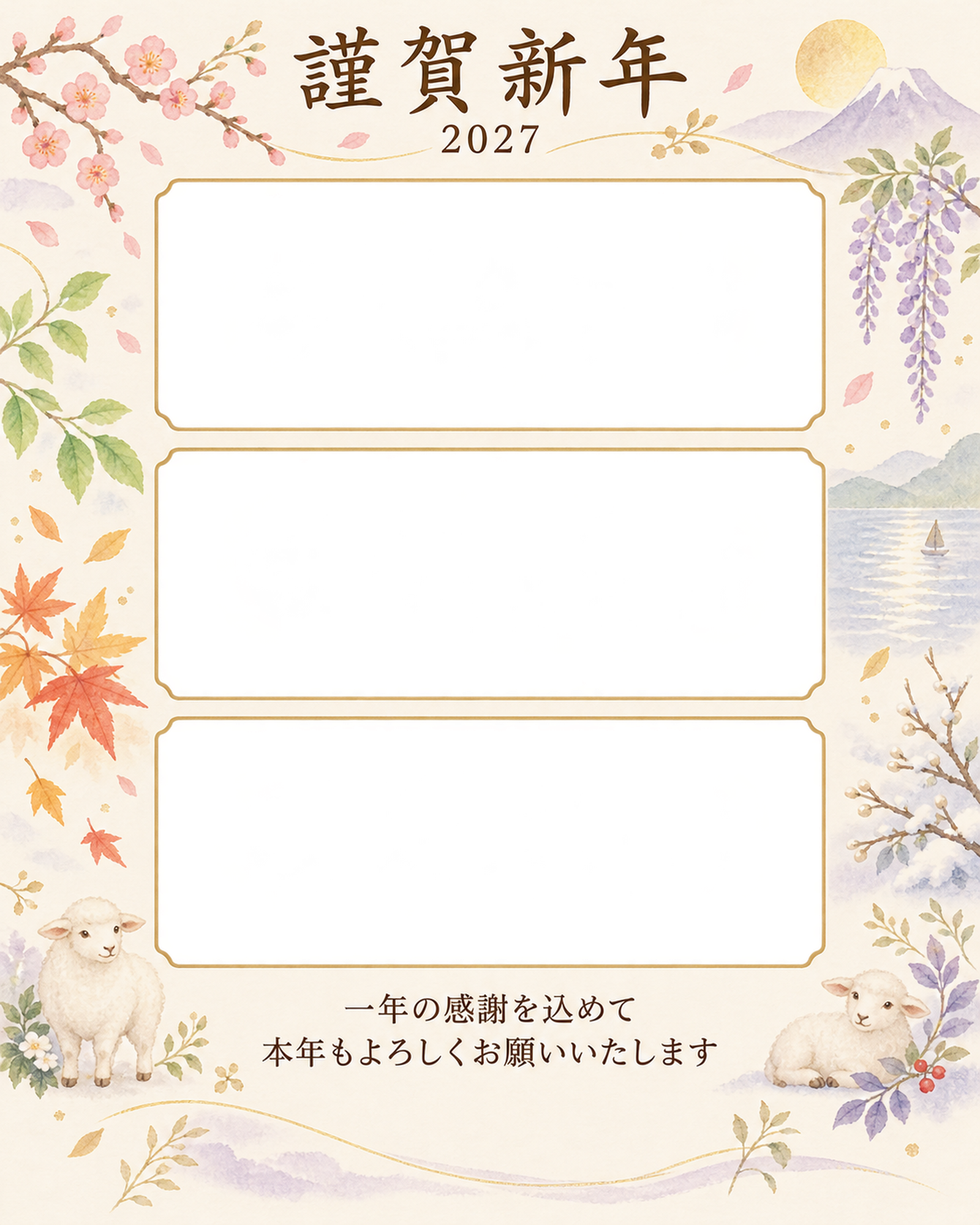 光のご挨拶・写真アルバムの写真年賀状｜仕事の一年の無料イラスト素材 99630に写真・文字を入れる