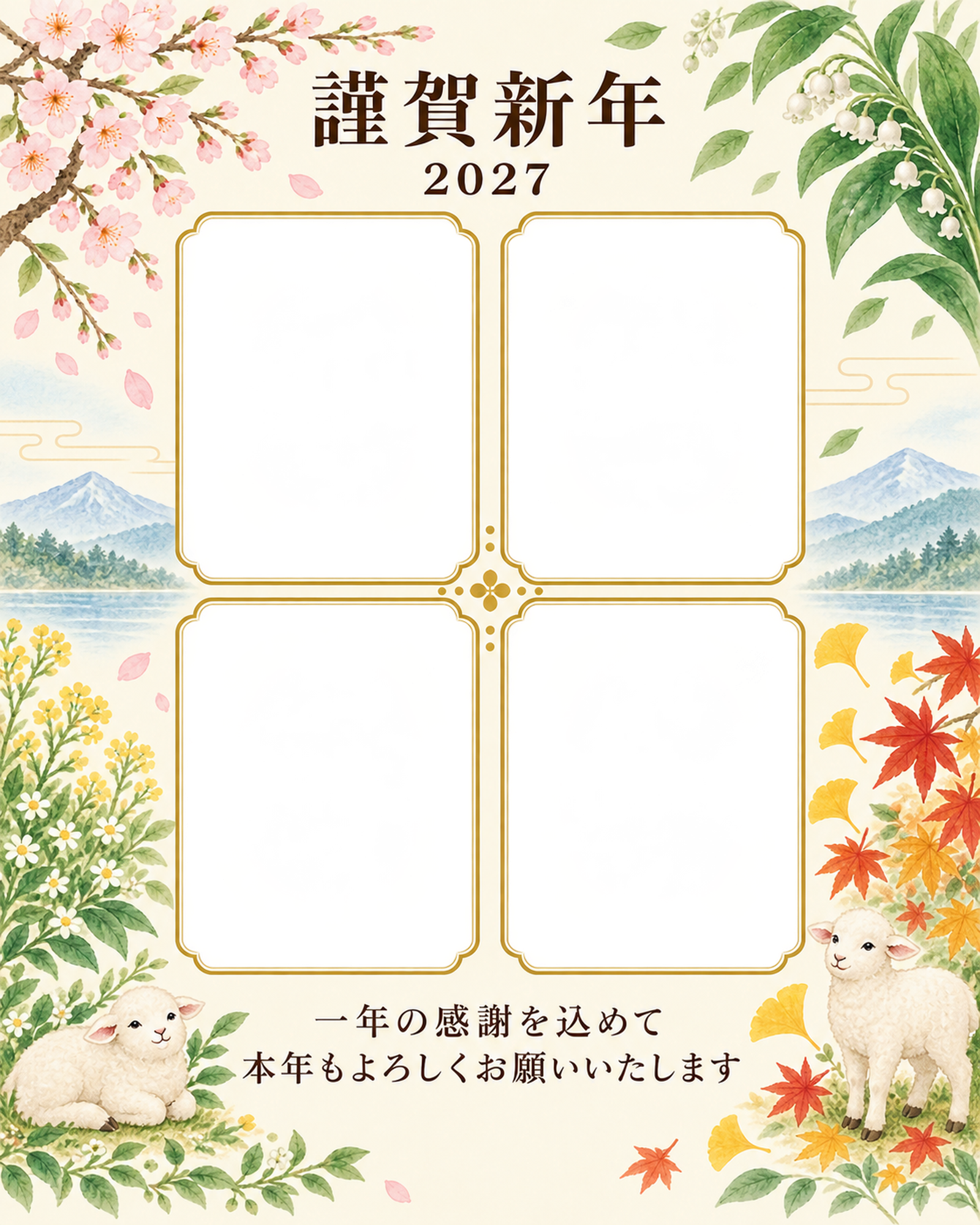 季節をつなぐ・写真アルバムの写真年賀状｜仕事の一年の無料イラスト素材 99631に写真・文字を入れる