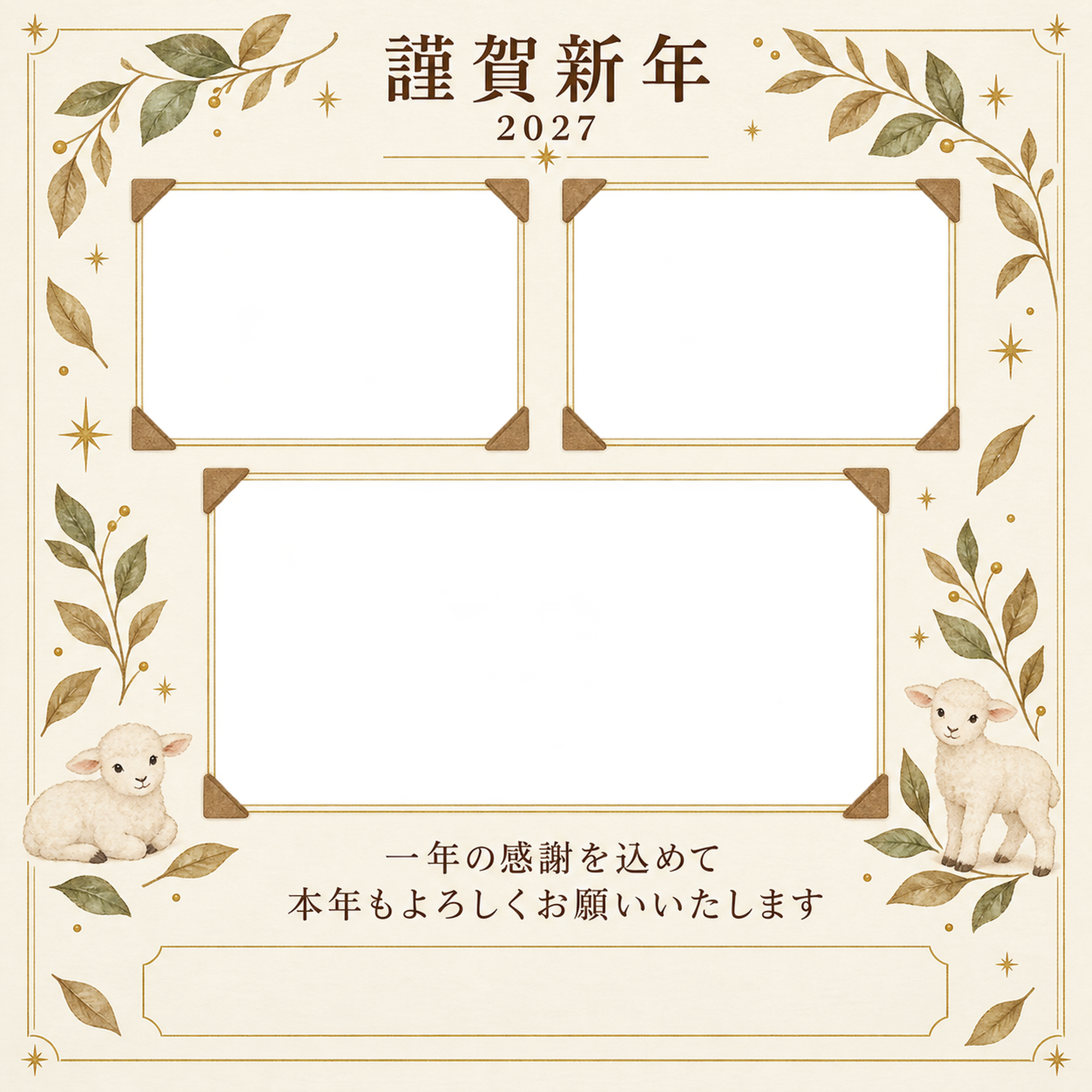 アルバムの一頁・細い金枠の写真年賀状｜仕事の一年の無料イラスト素材 99638に写真・文字を入れる