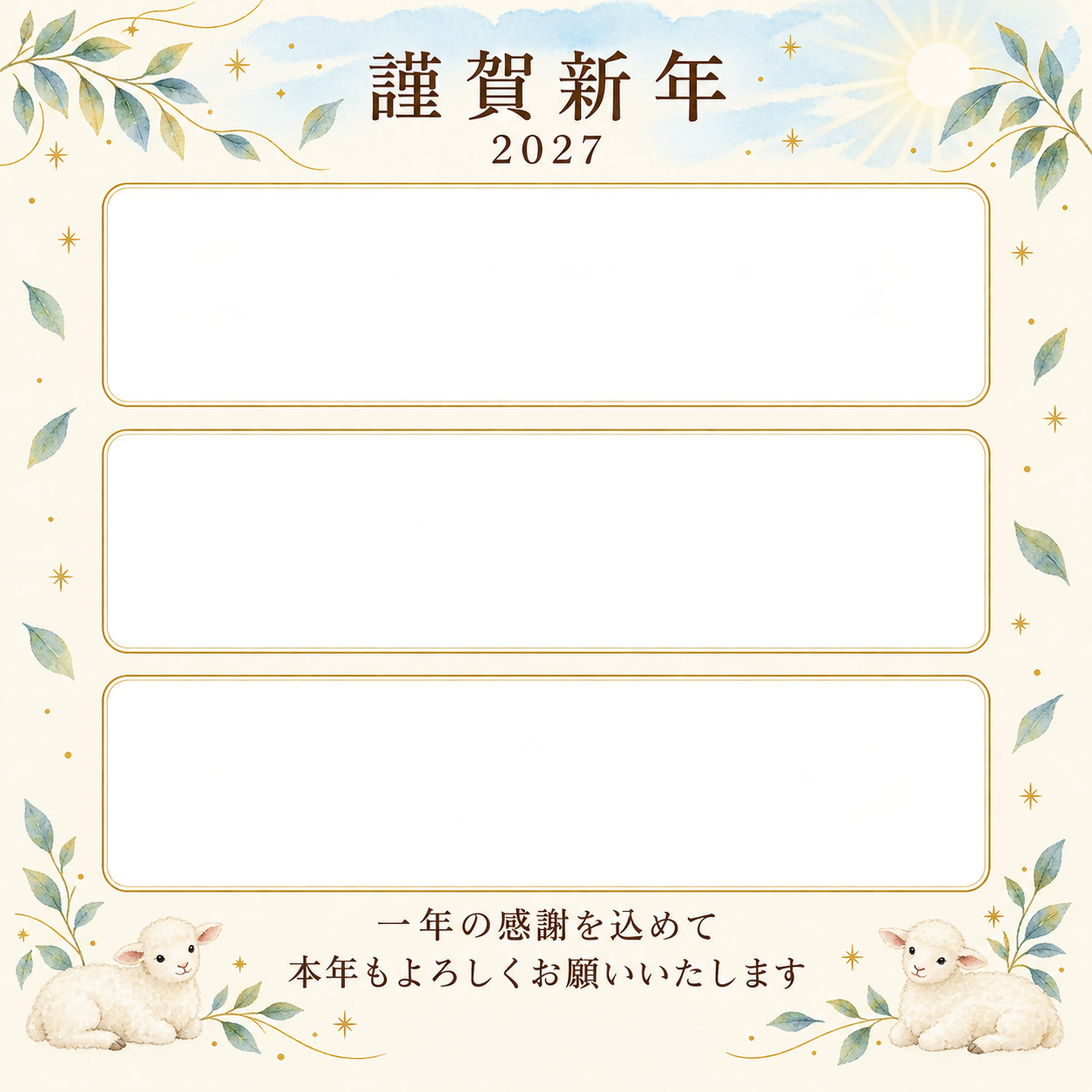 水色の朝・細い金枠の写真年賀状｜仕事の一年の無料イラスト素材 99639に写真・文字を入れる