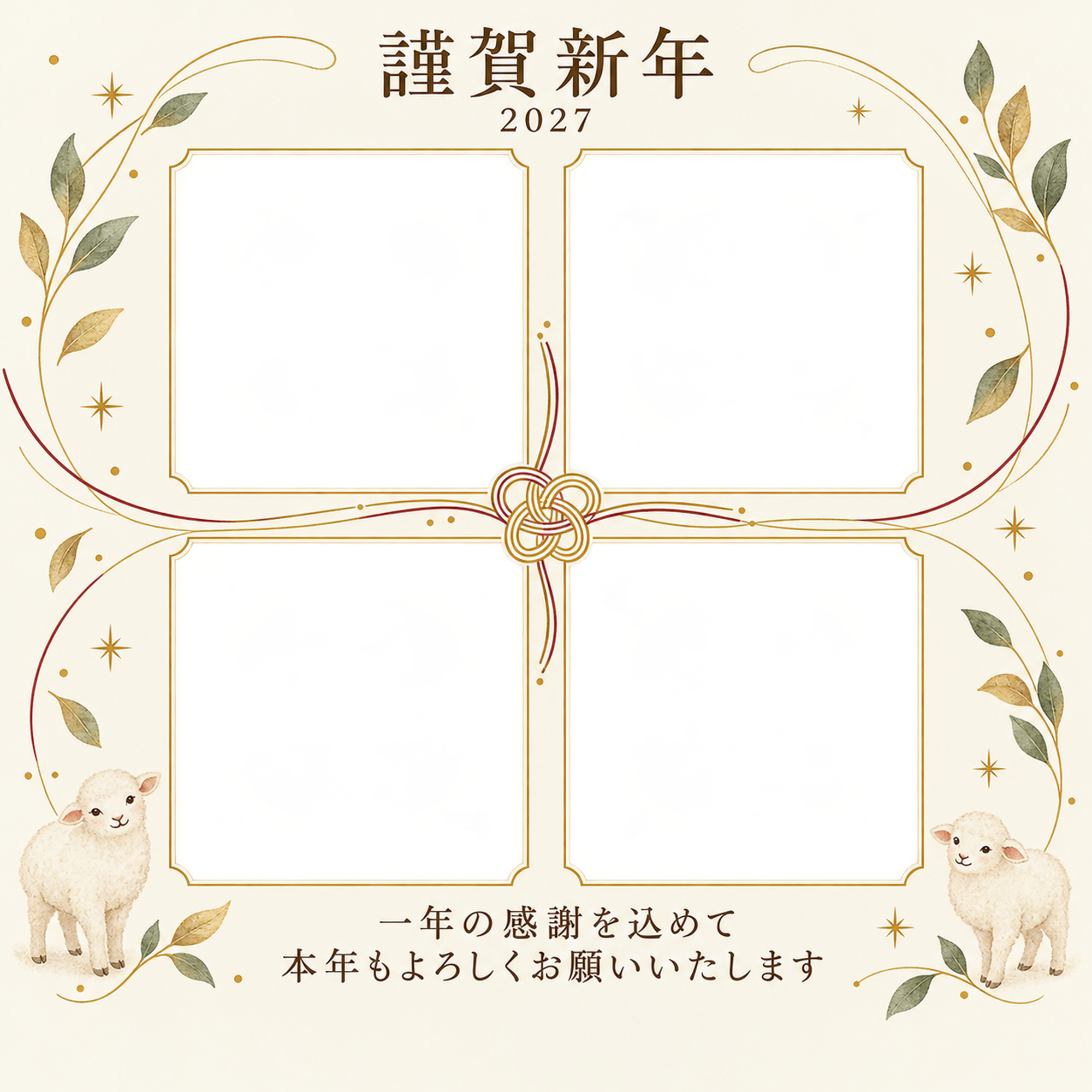 祝う結び目・細い金枠の写真年賀状｜仕事の一年の無料イラスト素材 99641に写真・文字を入れる