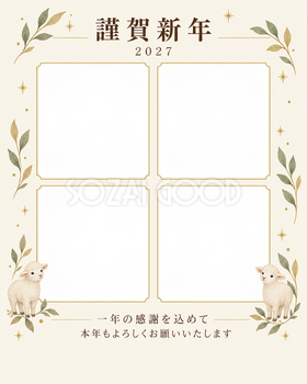 写真をすっきり・細い金枠の写真年賀状｜仕事の一年の無料イラスト素材 99645