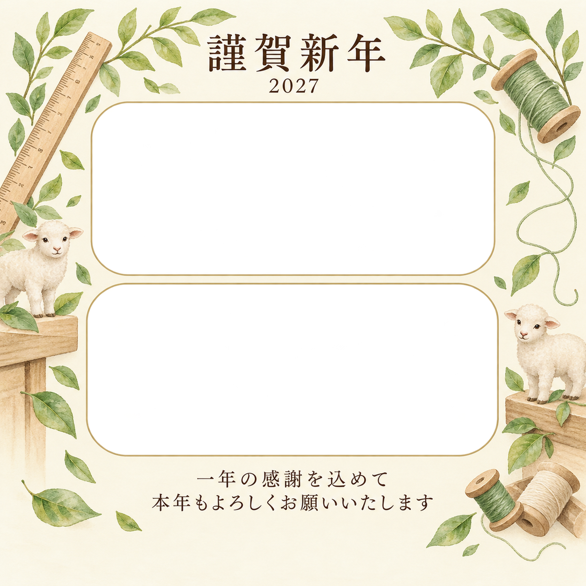 若葉の窓辺・定規の写真年賀状｜仕事の一年の無料イラスト素材 99649に写真・文字を入れる