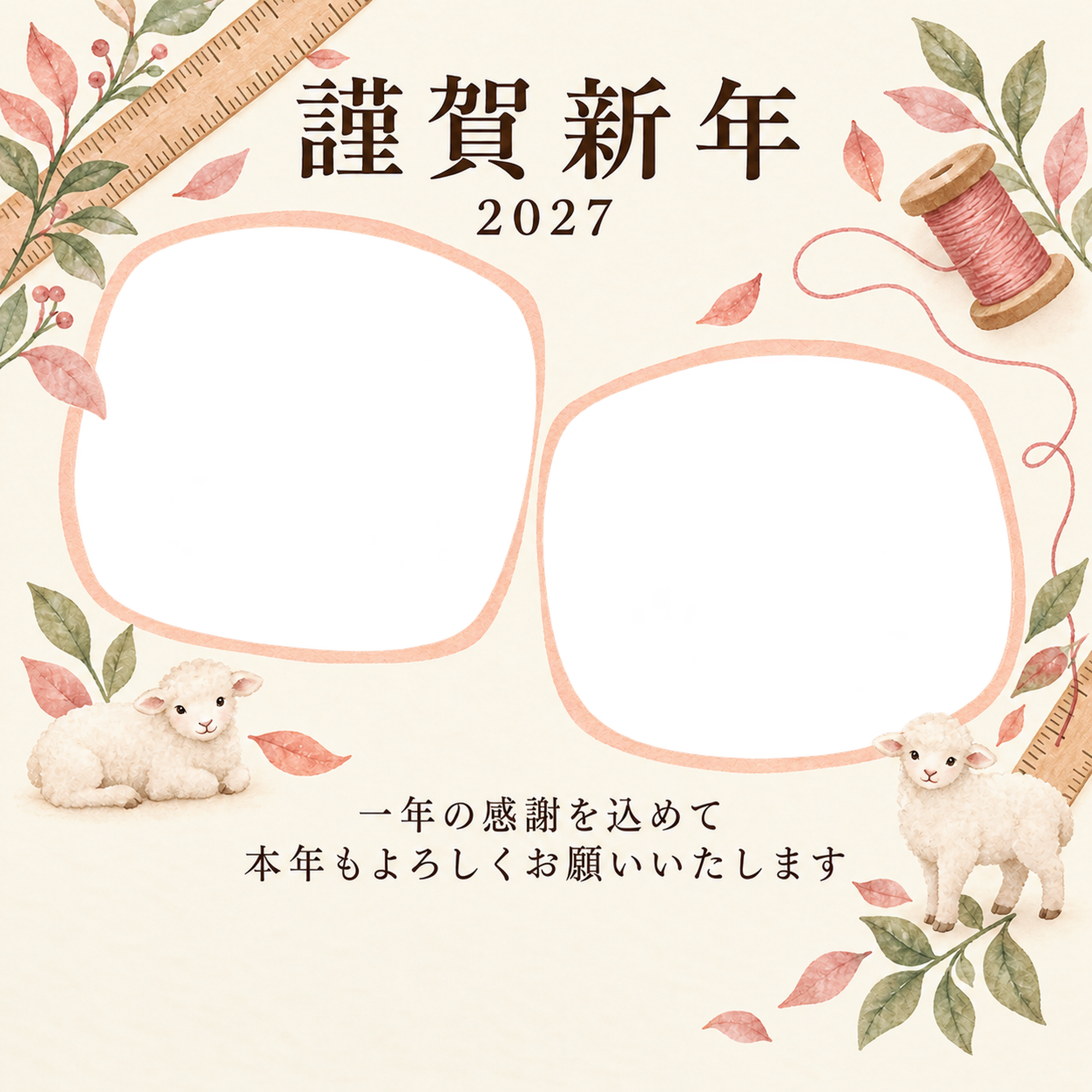 桃色のやさしさ・定規の写真年賀状｜仕事の一年の無料イラスト素材 99650に写真・文字を入れる