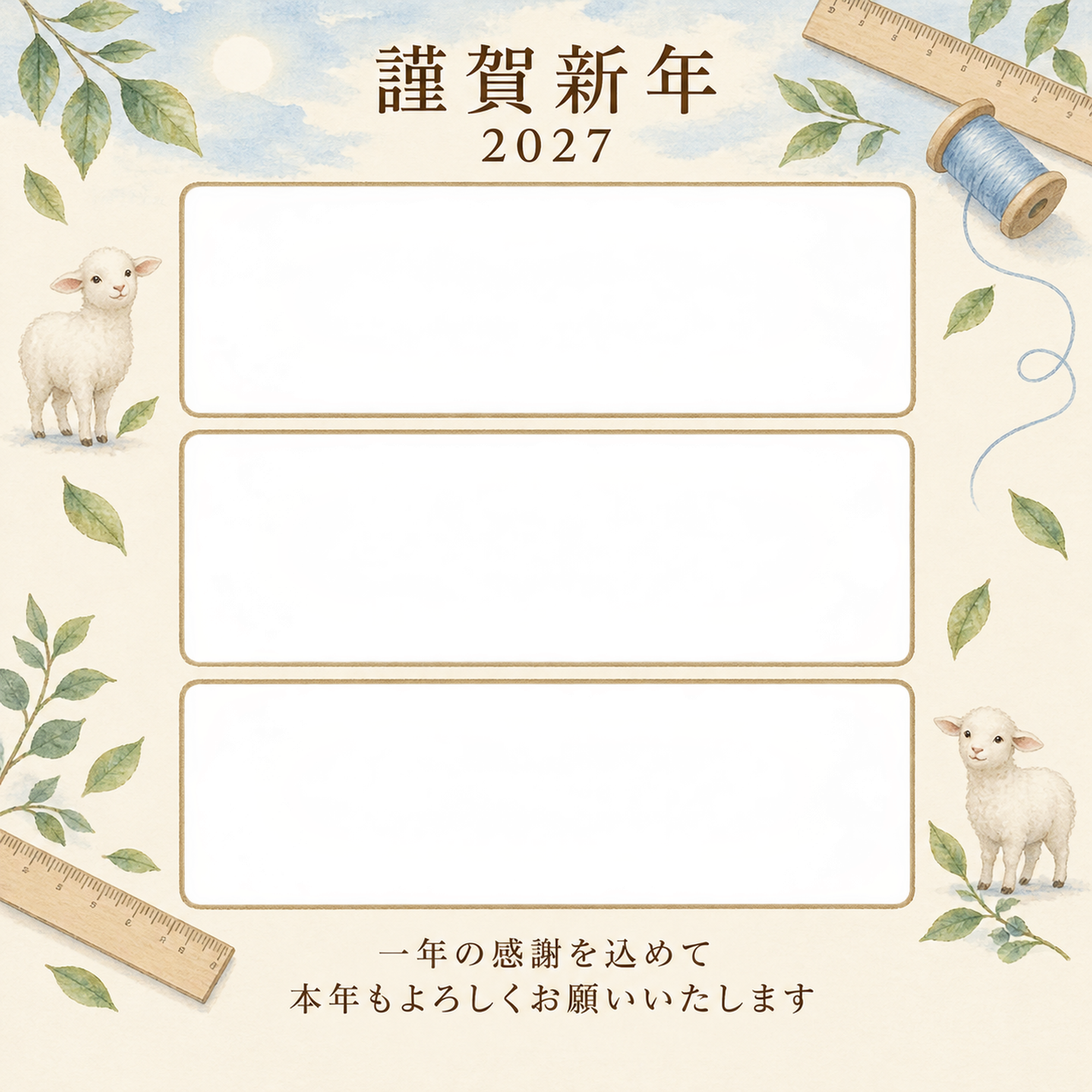 水色の朝・定規の写真年賀状｜仕事の一年の無料イラスト素材 99652に写真・文字を入れる
