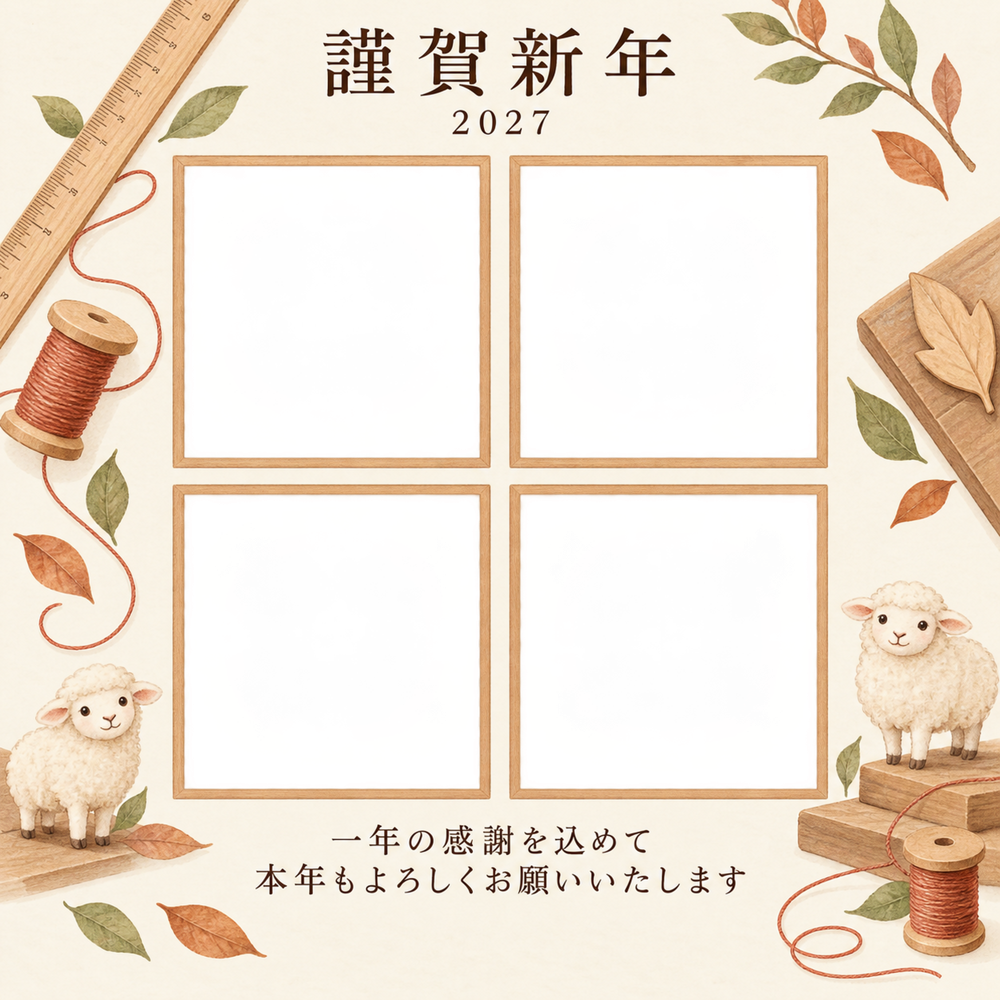 木のぬくもり・定規の写真年賀状｜仕事の一年の無料イラスト素材 99653に写真・文字を入れる
