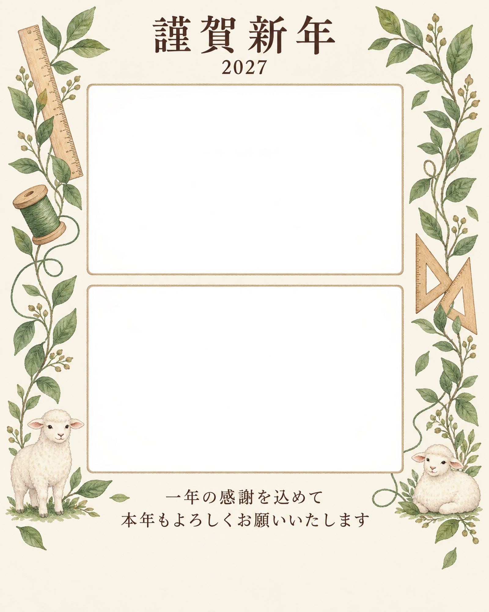縦の植物飾り・定規の写真年賀状｜仕事の一年の無料イラスト素材 99655に写真・文字を入れる