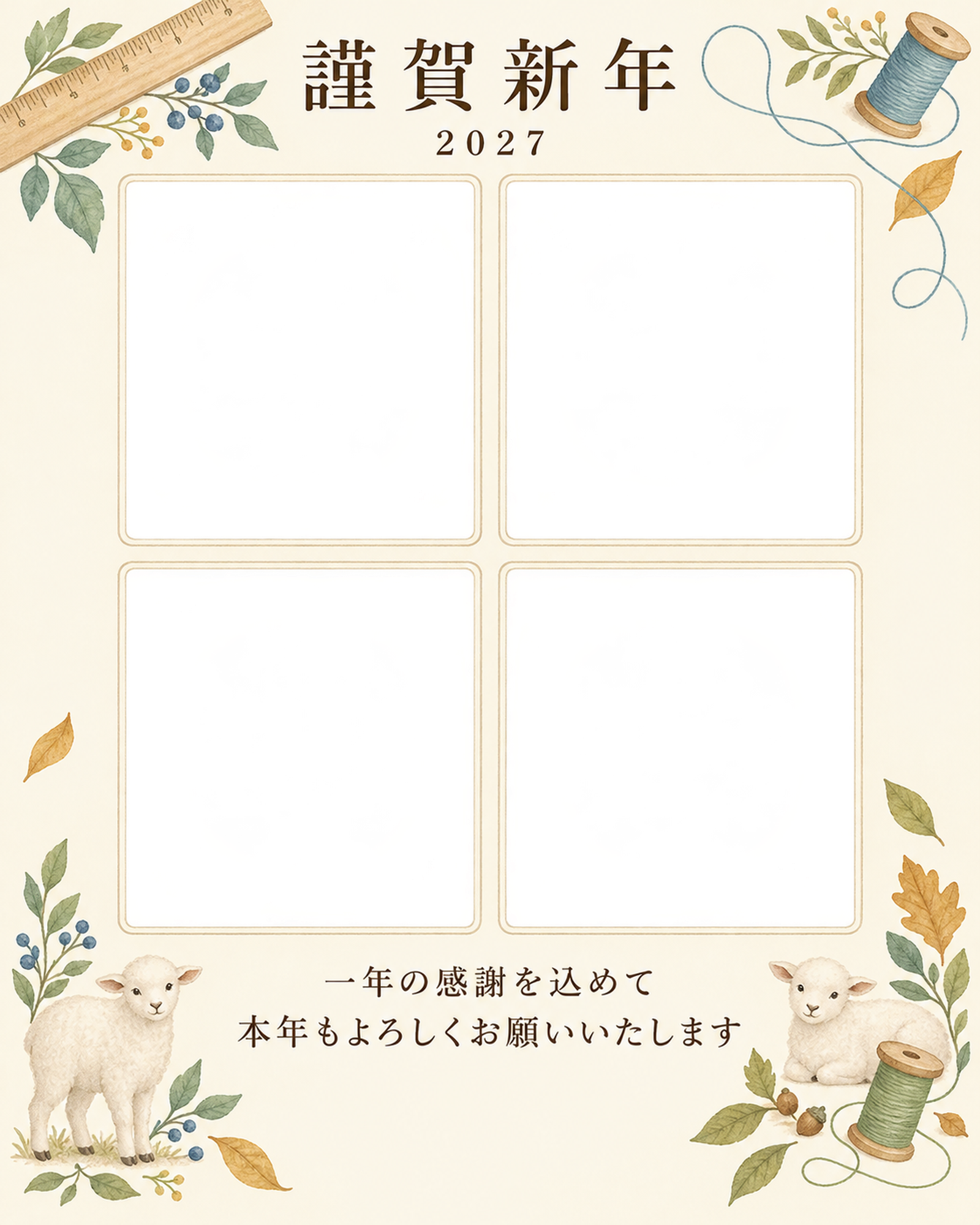 季節をつなぐ・定規の写真年賀状｜仕事の一年の無料イラスト素材 99657に写真・文字を入れる