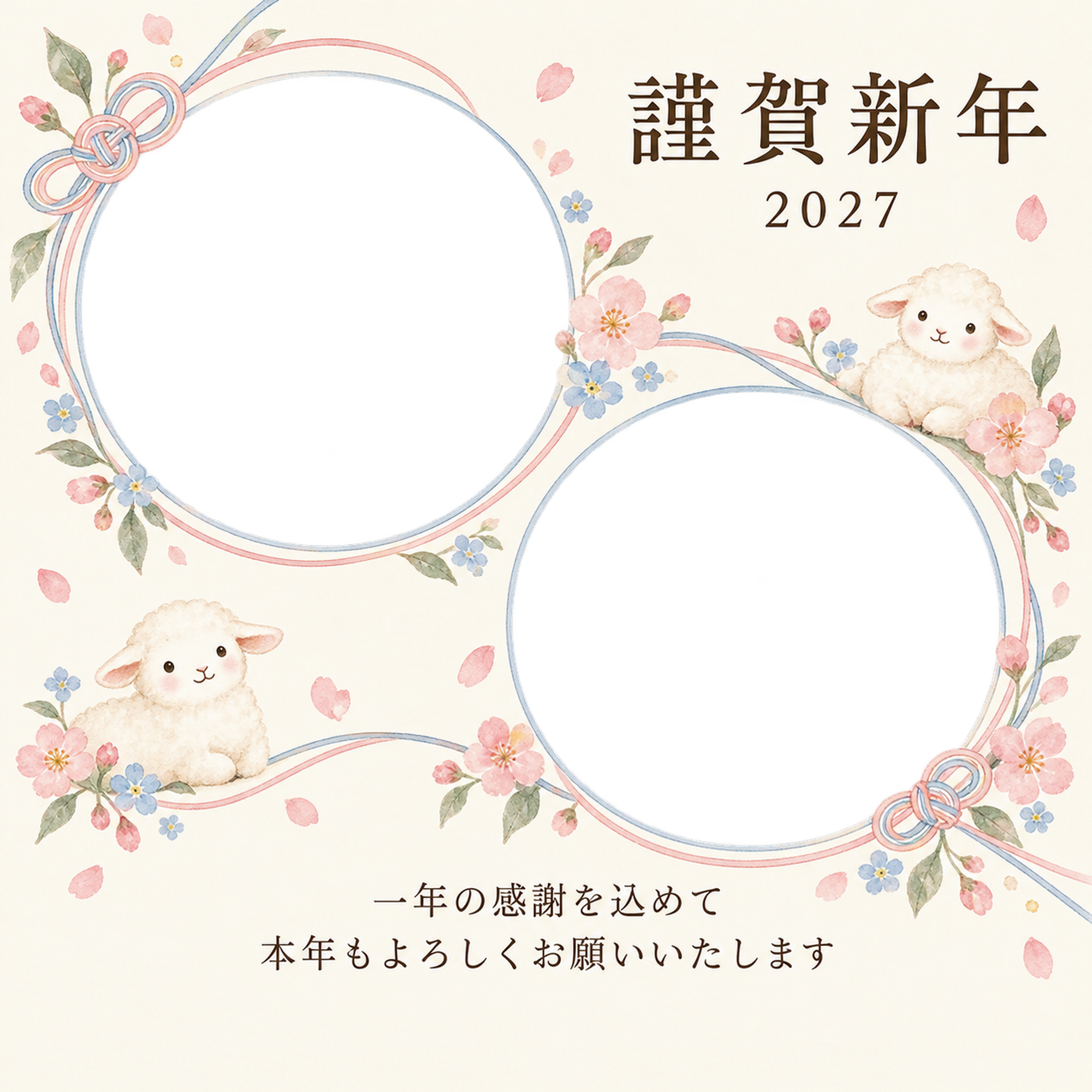 桃色のやさしさ・結び目の写真年賀状｜仕事の一年の無料イラスト素材 99663に写真・文字を入れる