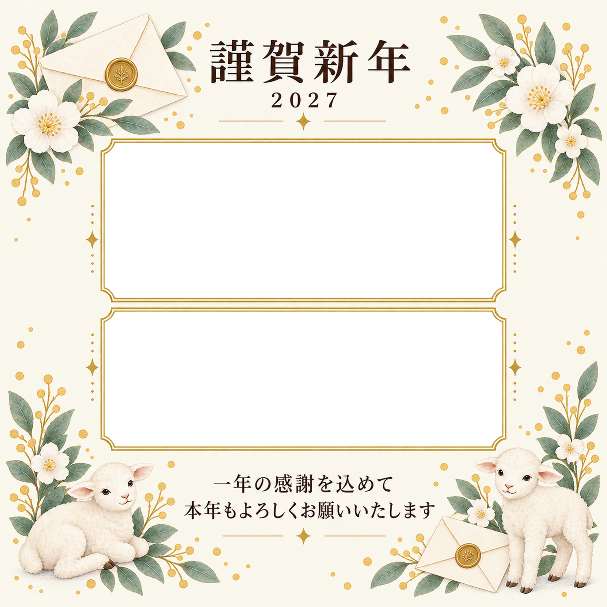 余白を生かす和・手紙の写真年賀状｜仕事の一年の無料イラスト素材 99673に写真・文字を入れる