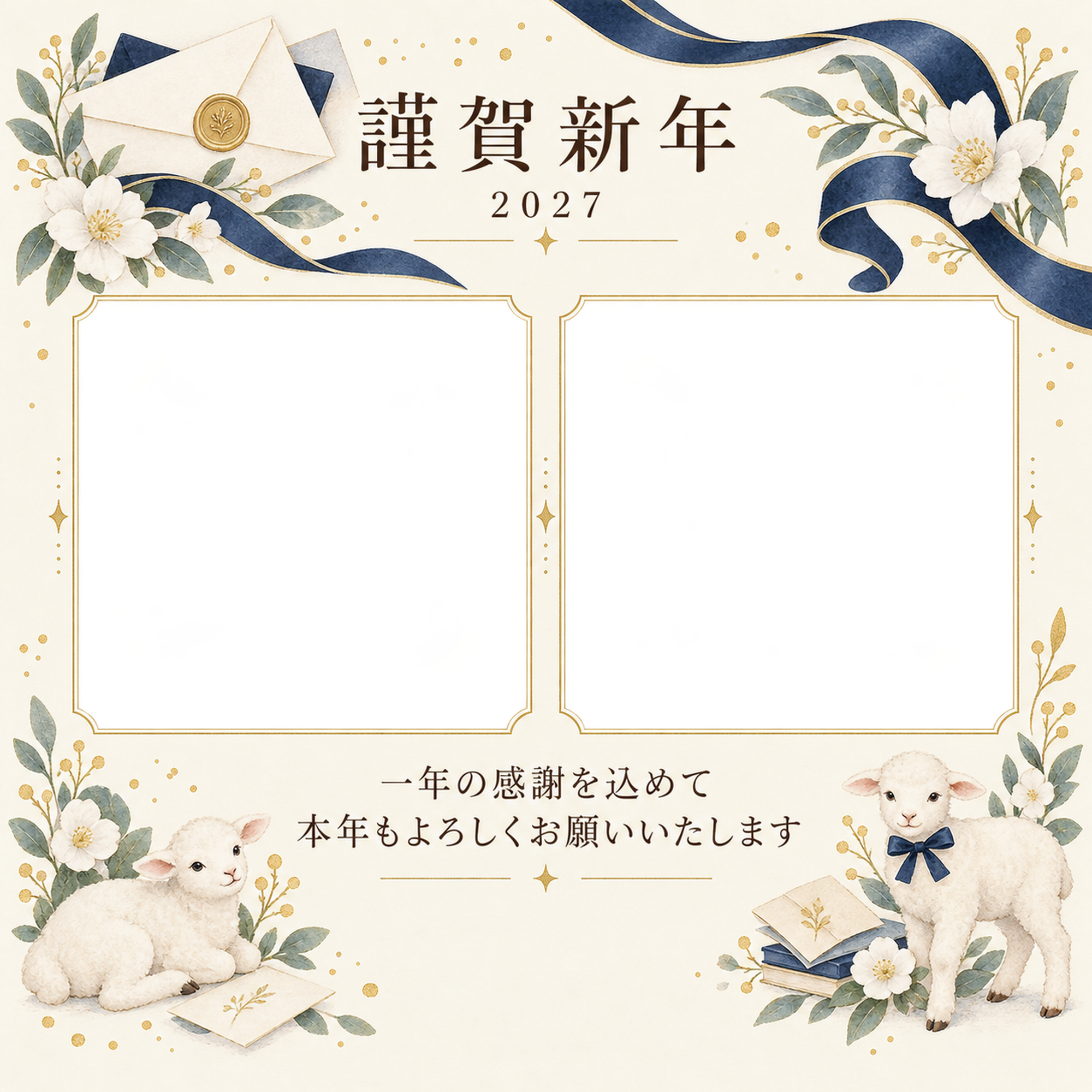 紺色の晴れやかさ・手紙の写真年賀状｜仕事の一年の無料イラスト素材 99674に写真・文字を入れる
