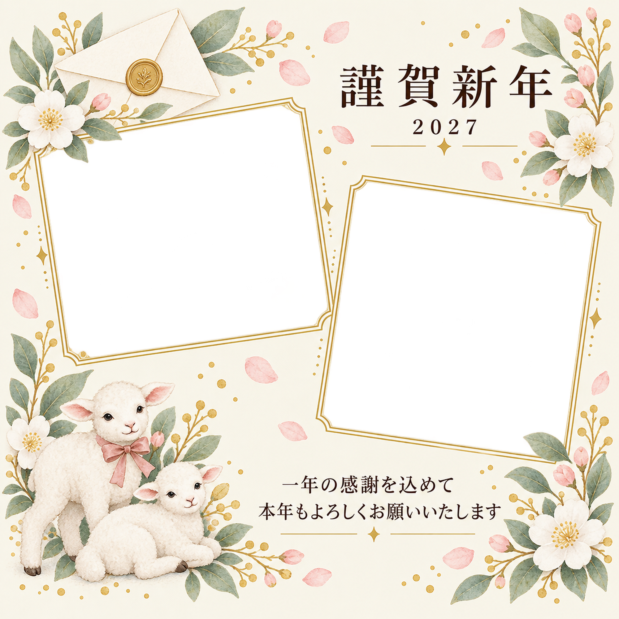 桃色のやさしさ・手紙の写真年賀状｜仕事の一年の無料イラスト素材 99676に写真・文字を入れる