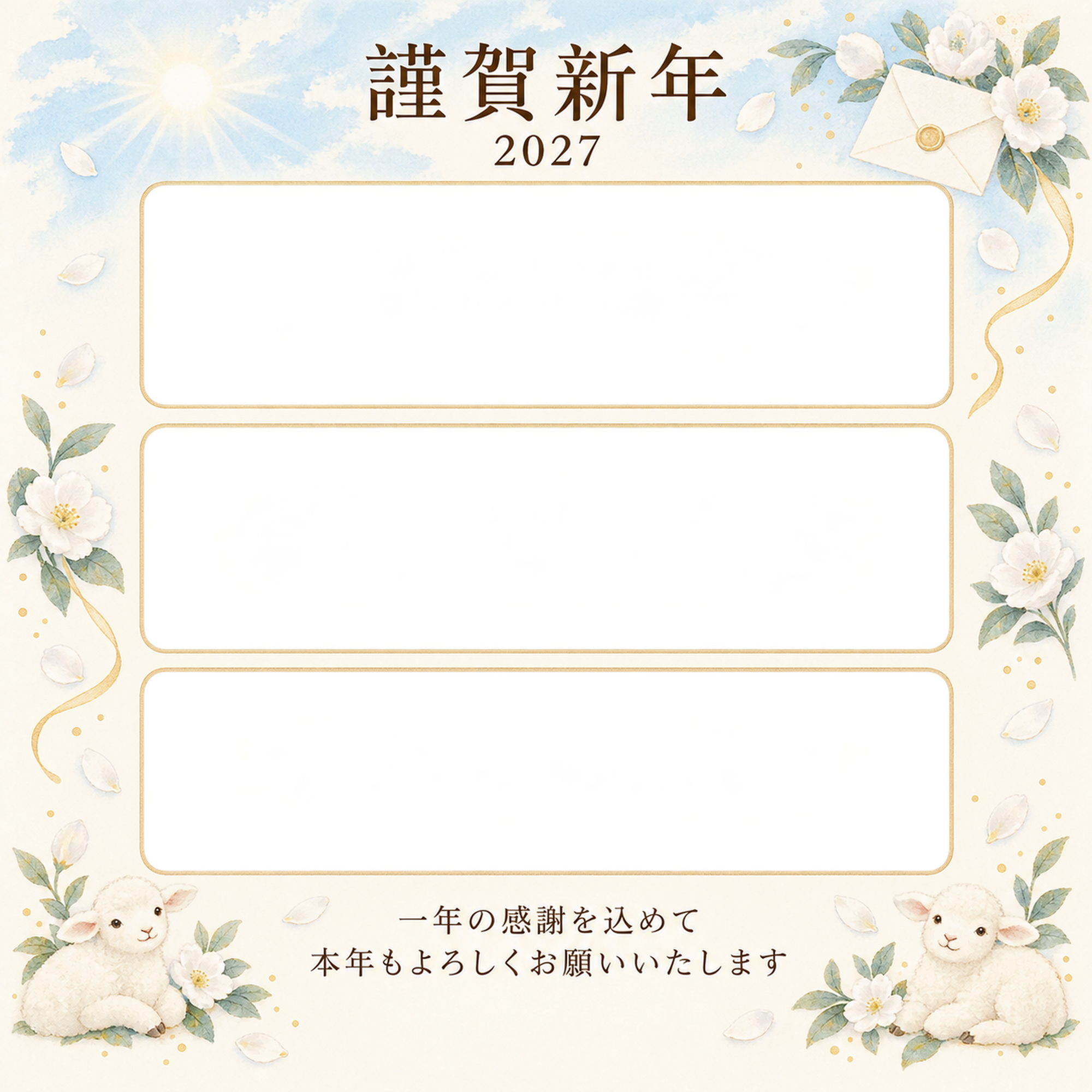水色の朝・手紙の写真年賀状｜仕事の一年の無料イラスト素材 99678に写真・文字を入れる