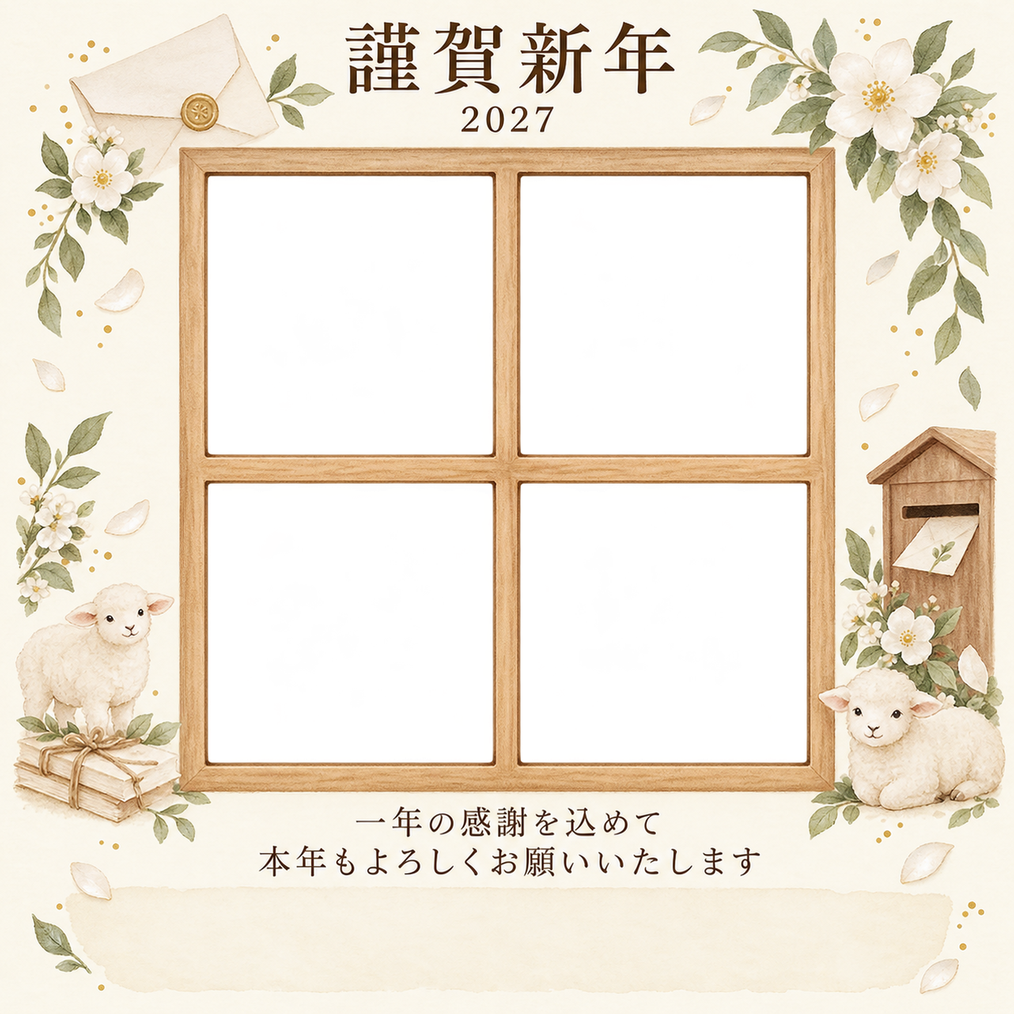木のぬくもり・手紙の写真年賀状｜仕事の一年の無料イラスト素材 99679に写真・文字を入れる