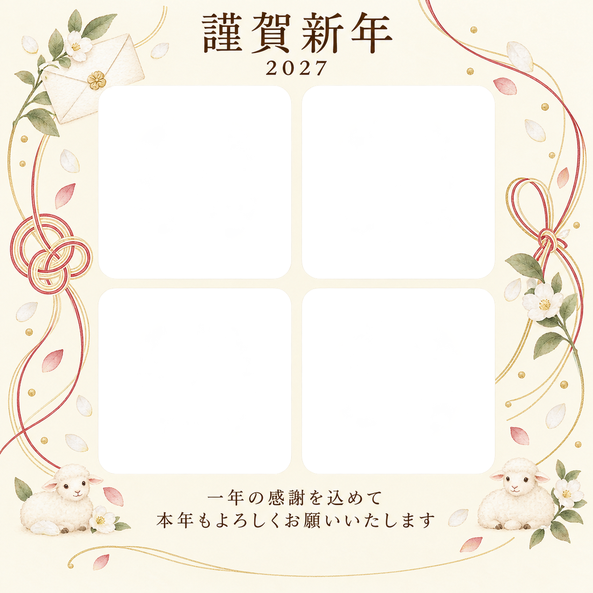祝う結び目・手紙の写真年賀状｜仕事の一年の無料イラスト素材 99680に写真・文字を入れる