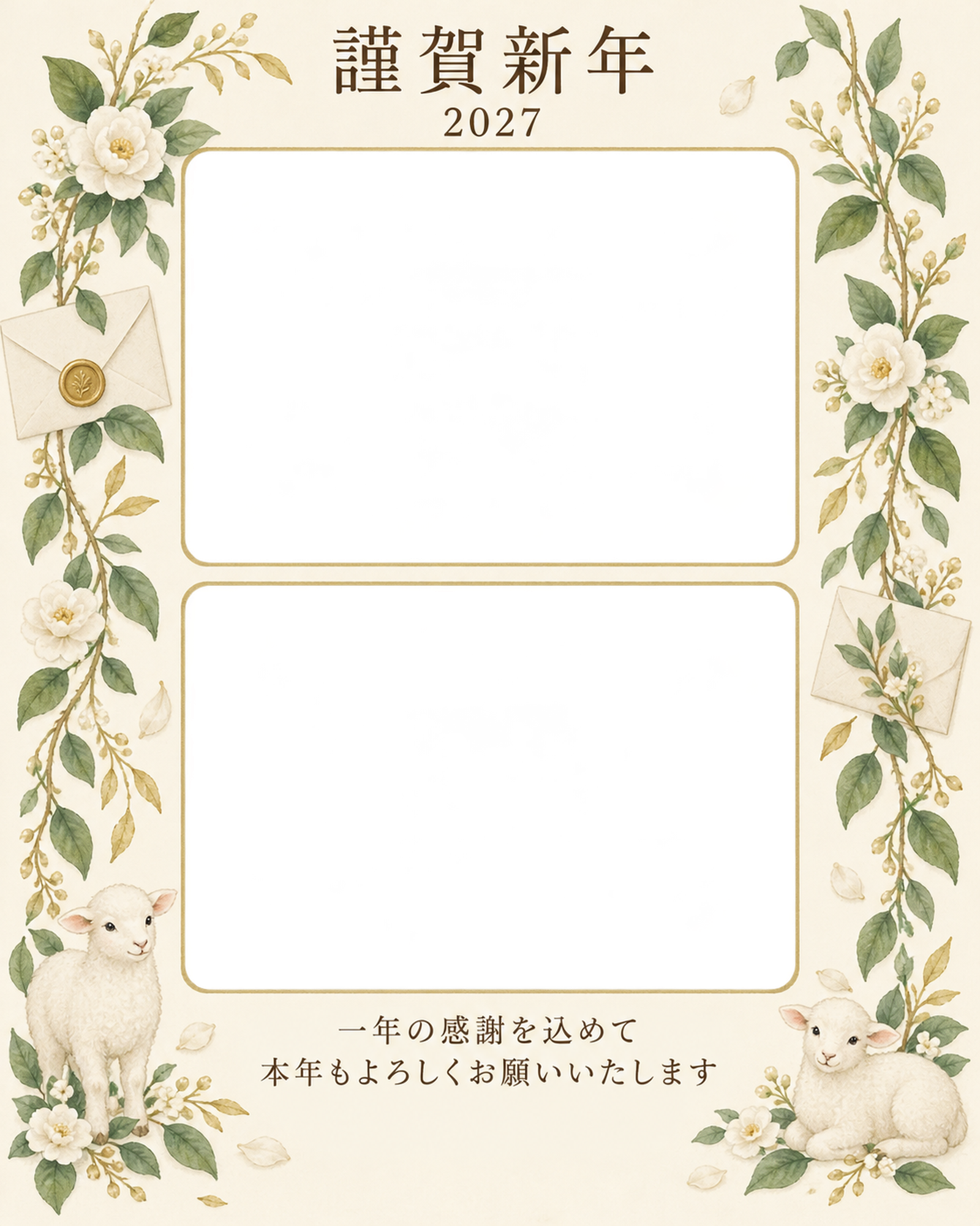 縦の植物飾り・手紙の写真年賀状｜仕事の一年の無料イラスト素材 99681に写真・文字を入れる