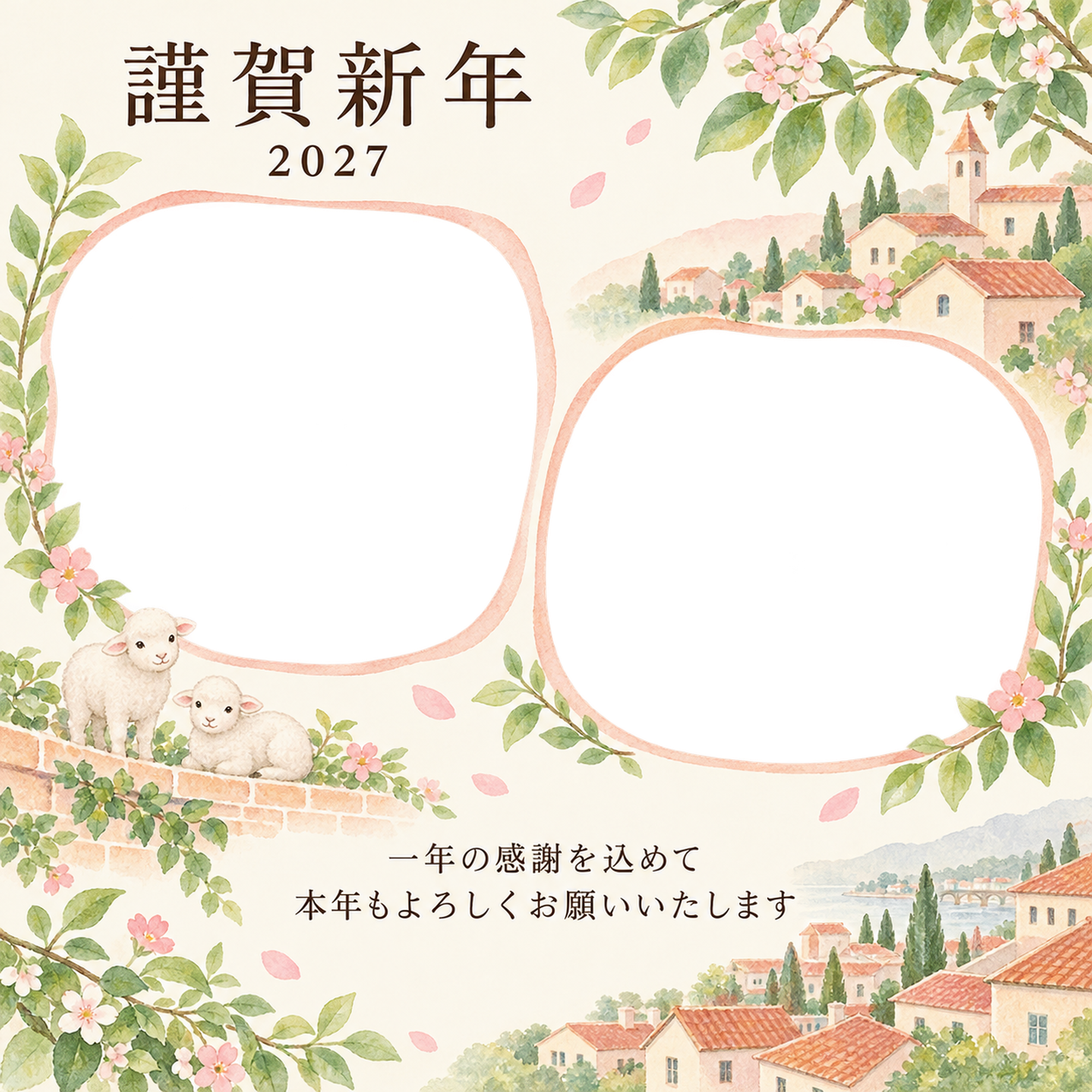 桃色のやさしさ・若葉の写真年賀状｜仕事の一年の無料イラスト素材 99689に写真・文字を入れる