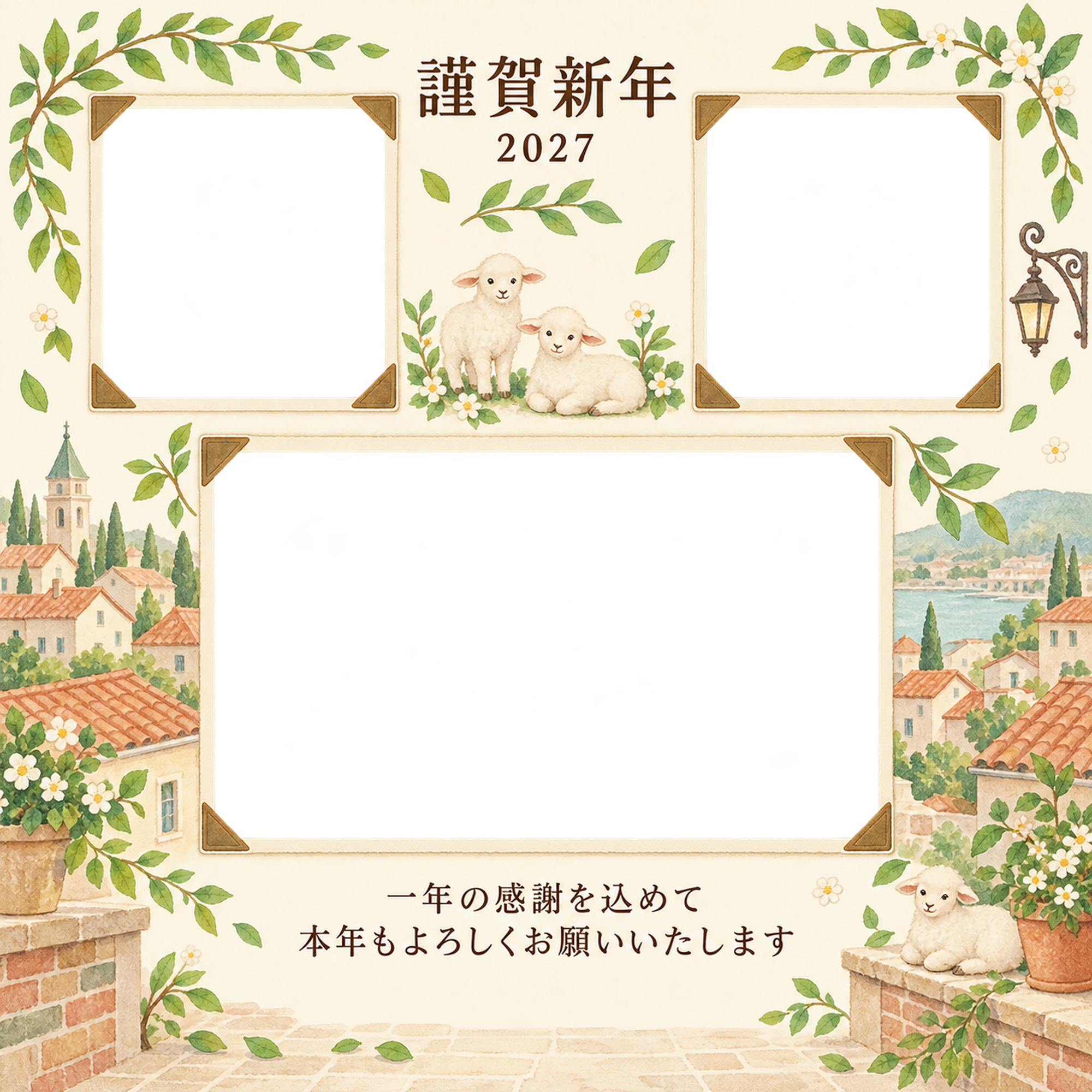 アルバムの一頁・若葉の写真年賀状｜仕事の一年の無料イラスト素材 99690に写真・文字を入れる